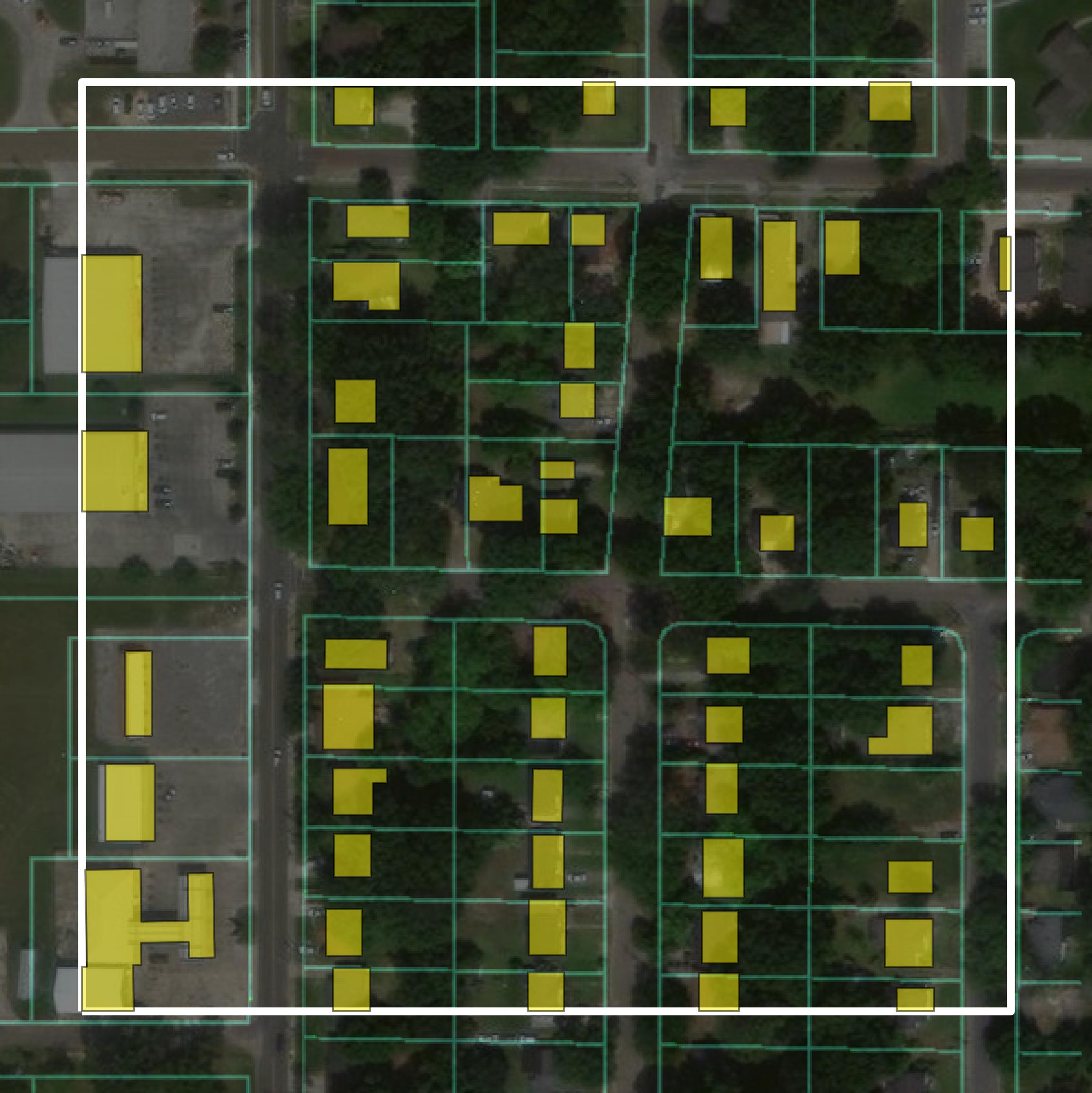 This image shows parcel and building data in Jones County created using GIS data in Equator.
