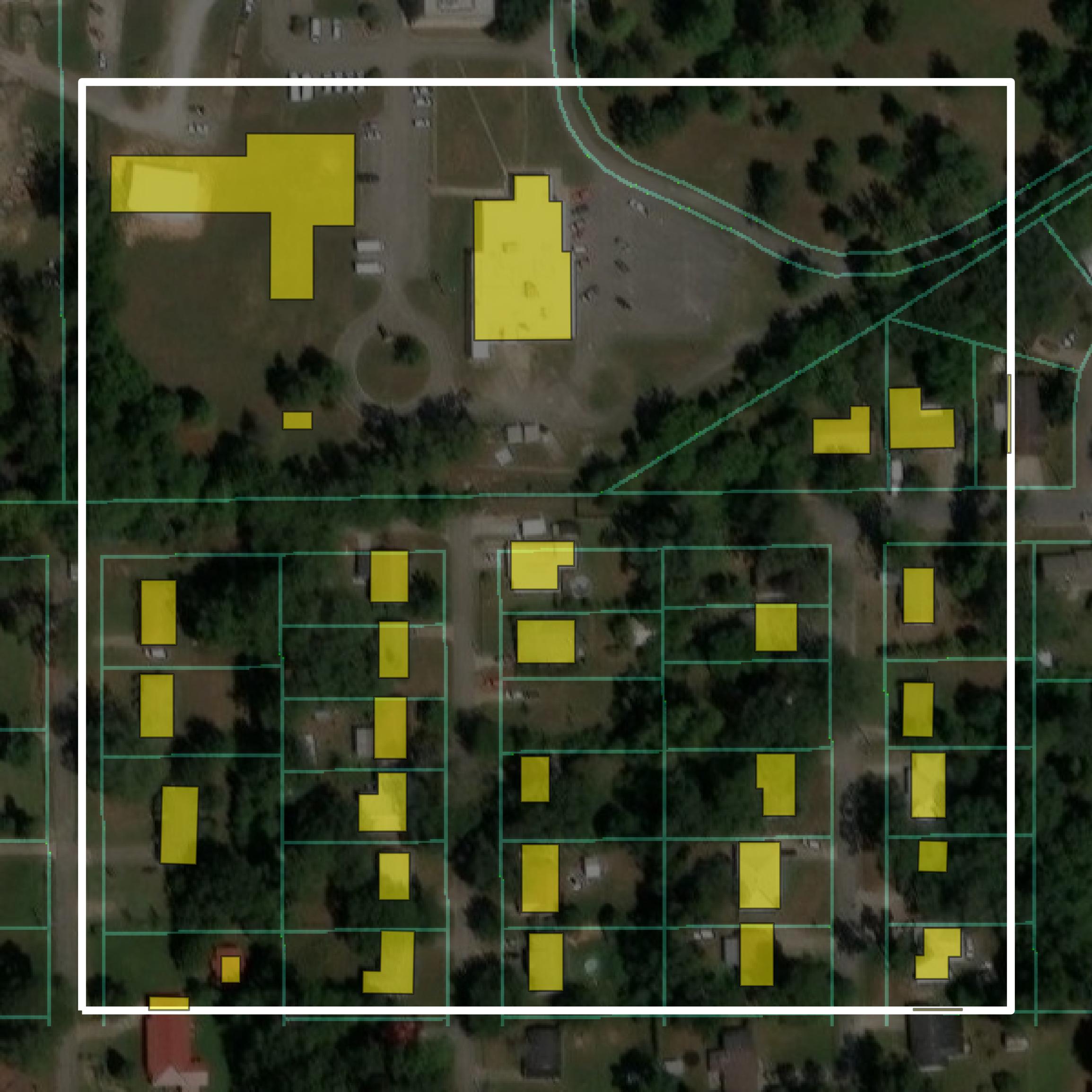 This image shows parcel and building data in Lauderdale County created using GIS data in Equator.
