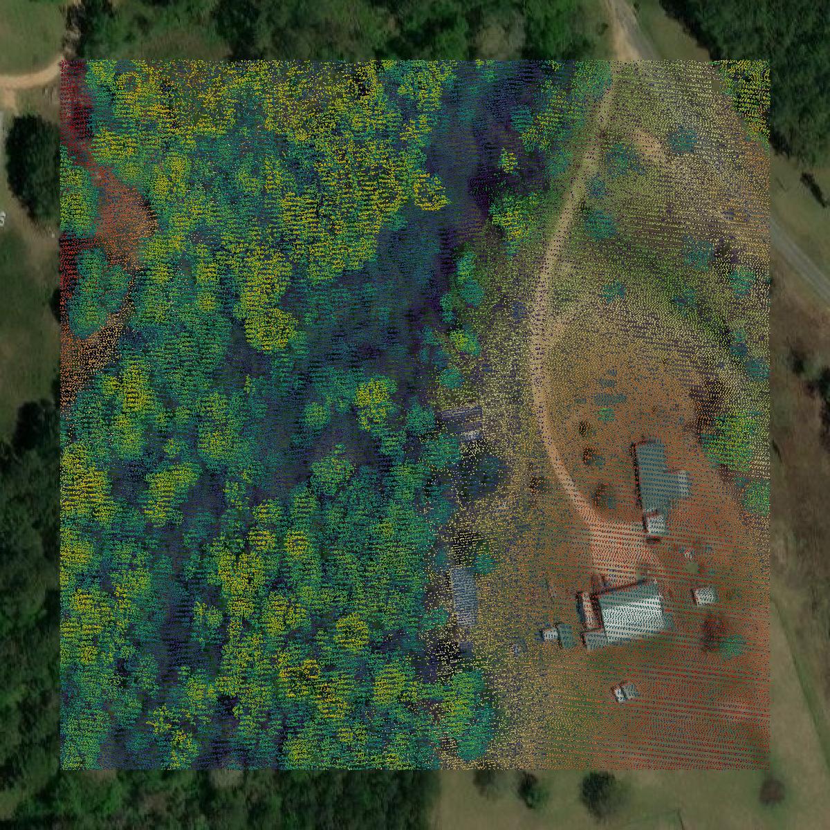This image shows a LiDAR point cloud in Lawrence County created using GIS data in Equator.