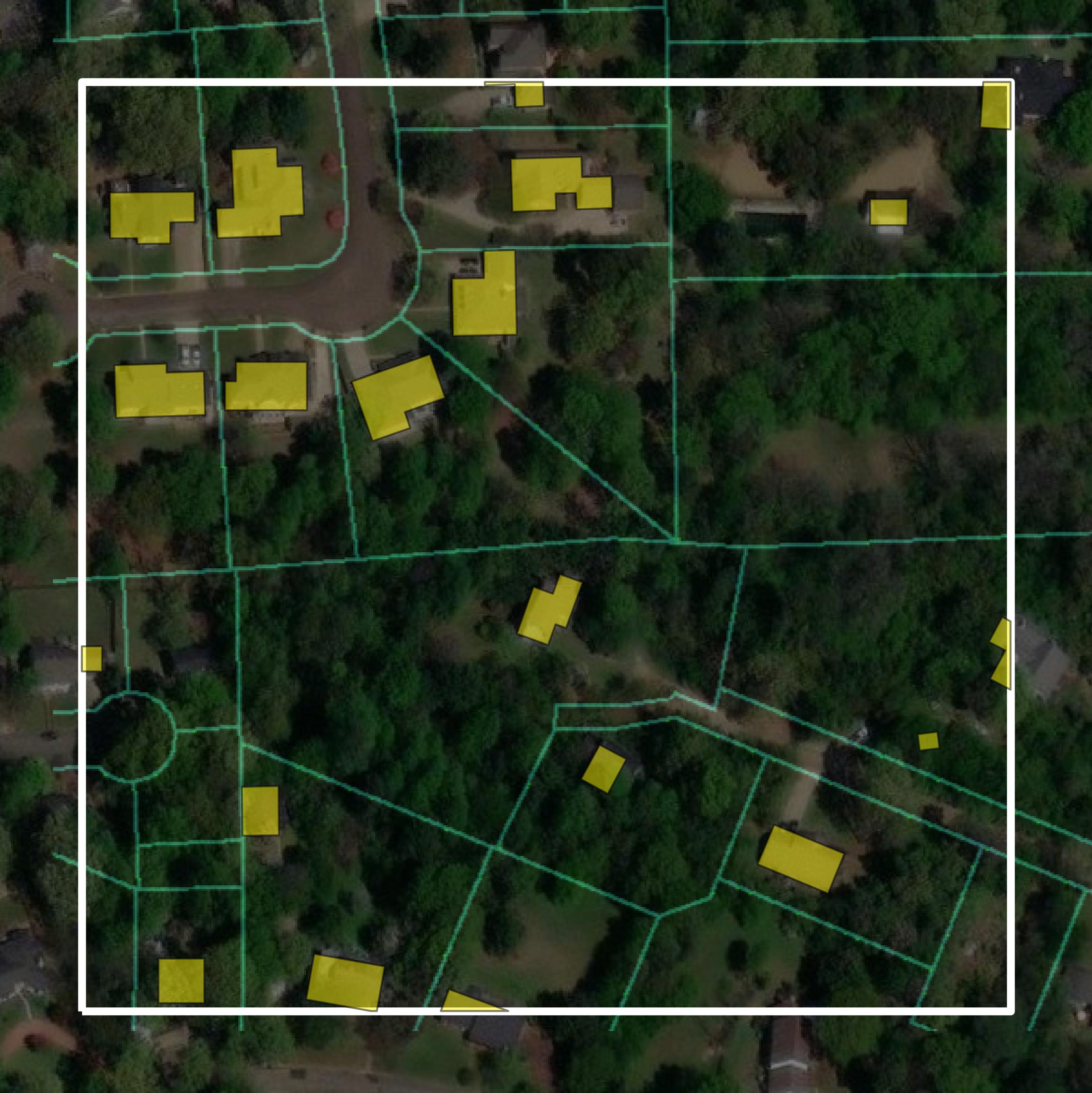 This image shows parcel and building data in Lowndes County created using GIS data in Equator.