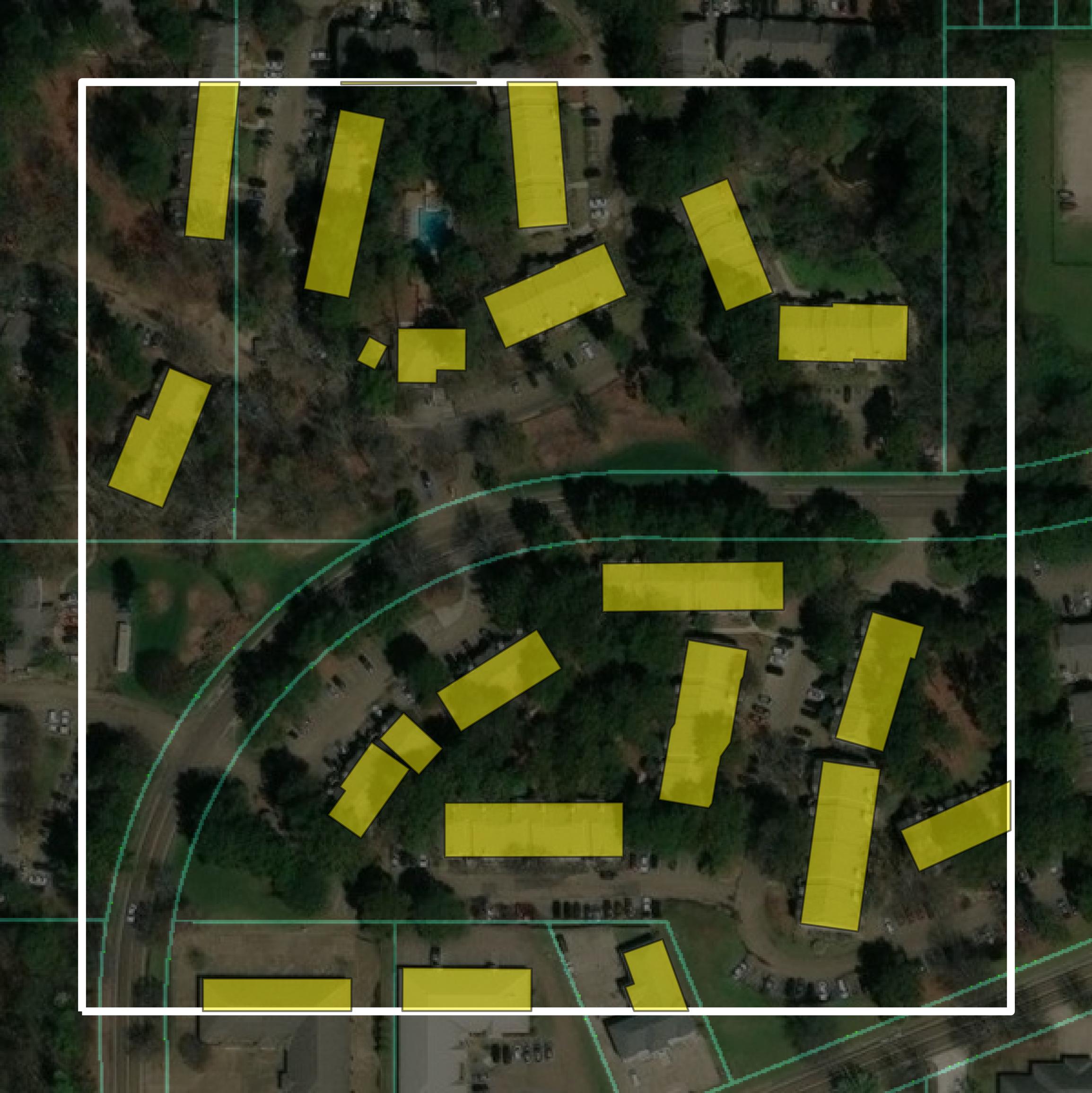 This image shows parcel and building data in Madison County created using GIS data in Equator.