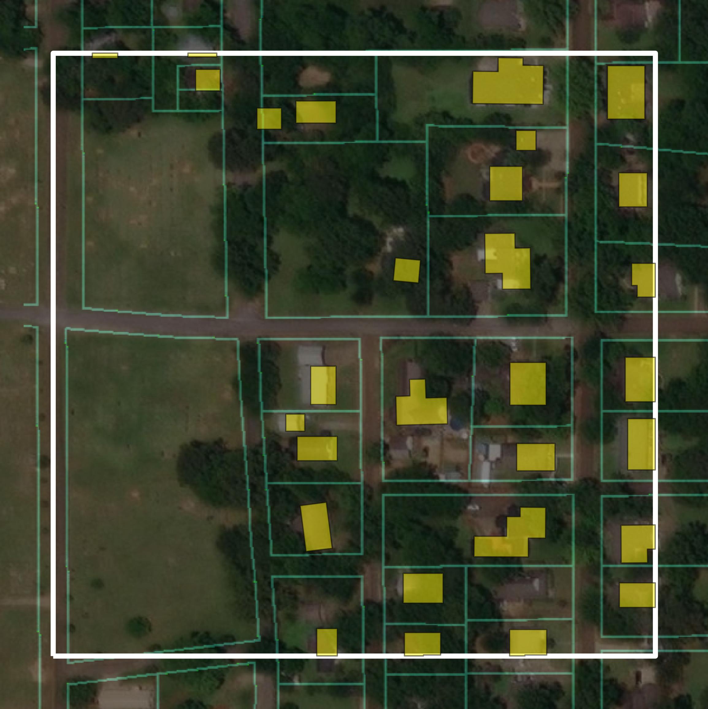 This image shows parcel and building data in Neshoba County created using GIS data in Equator.