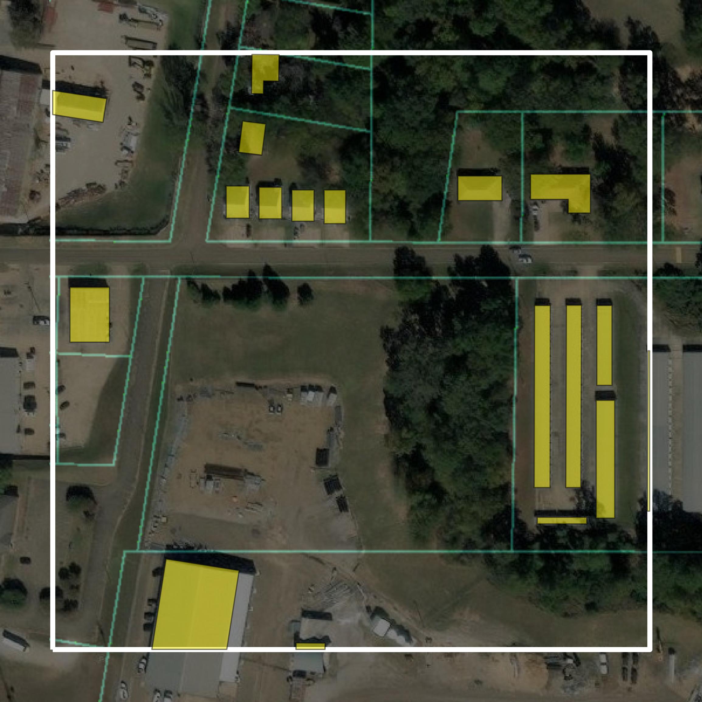 This image shows parcel and building data in Panola County created using GIS data in Equator.