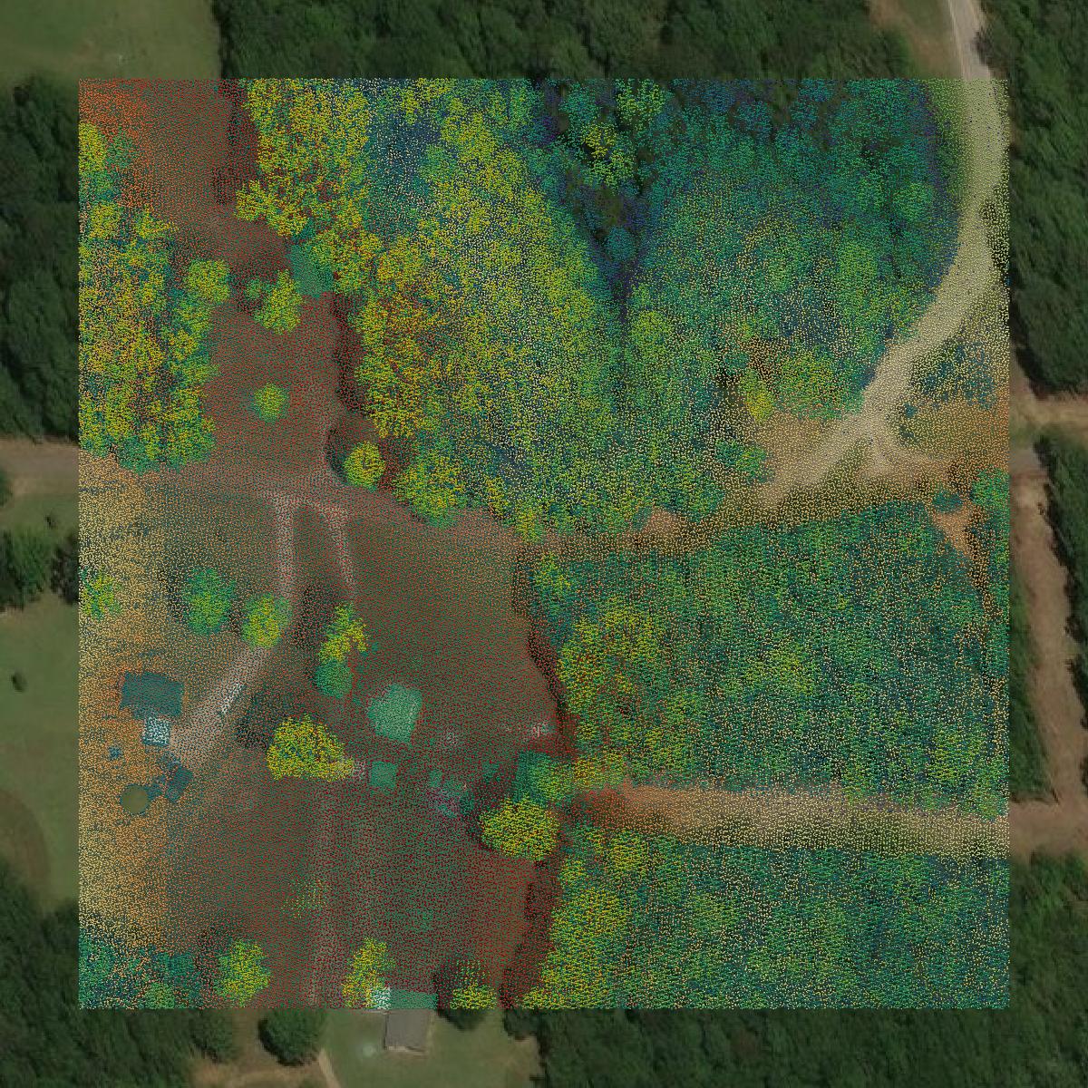 This image shows a LiDAR point cloud in Pontotoc County created using GIS data in Equator.