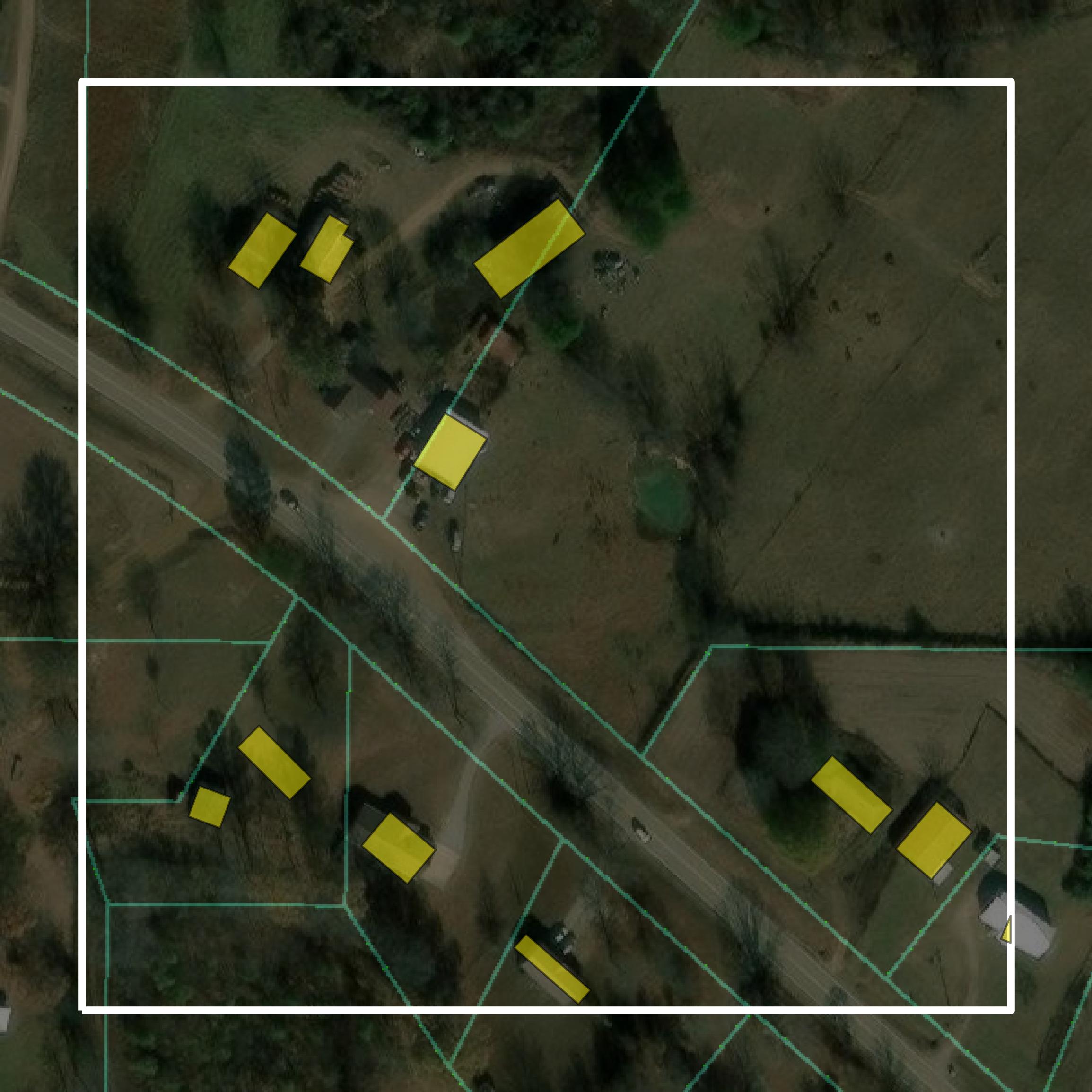 This image shows parcel and building data in Prentiss County created using GIS data in Equator.