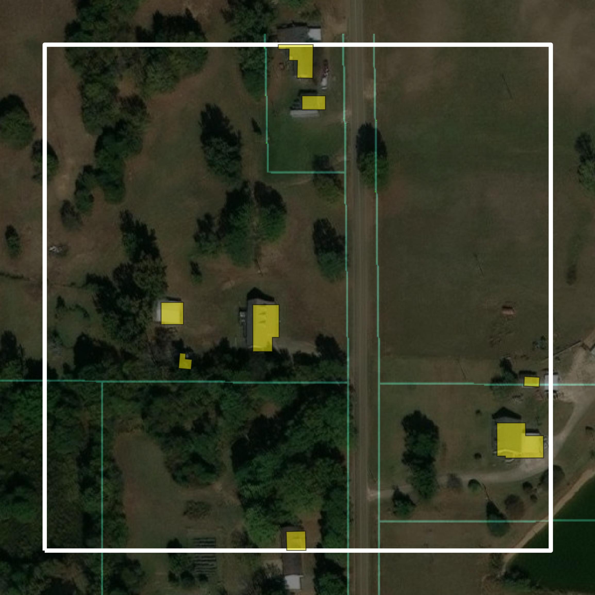 This image shows parcel and building data in Tate County created using GIS data in Equator.
