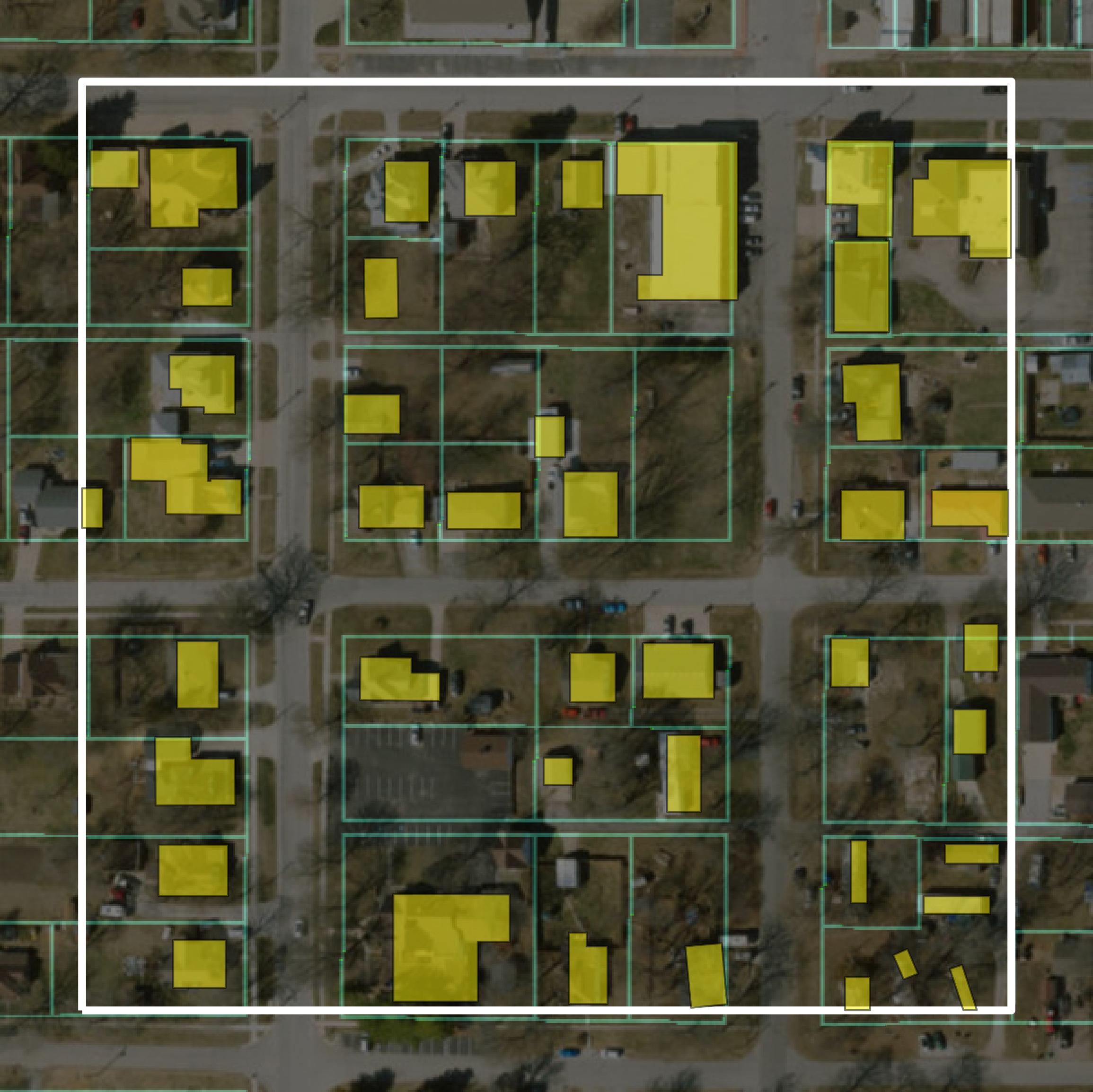 This image shows parcel and building data in Andrew County created using GIS data in Equator.
