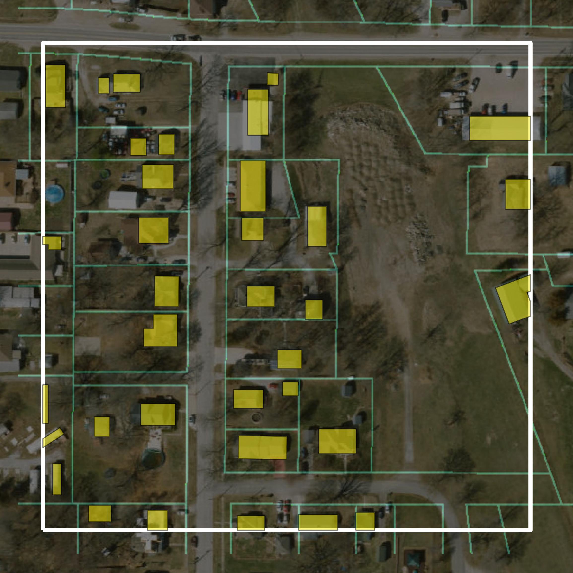 This image shows parcel and building data in Andrew County created using GIS data in Equator.