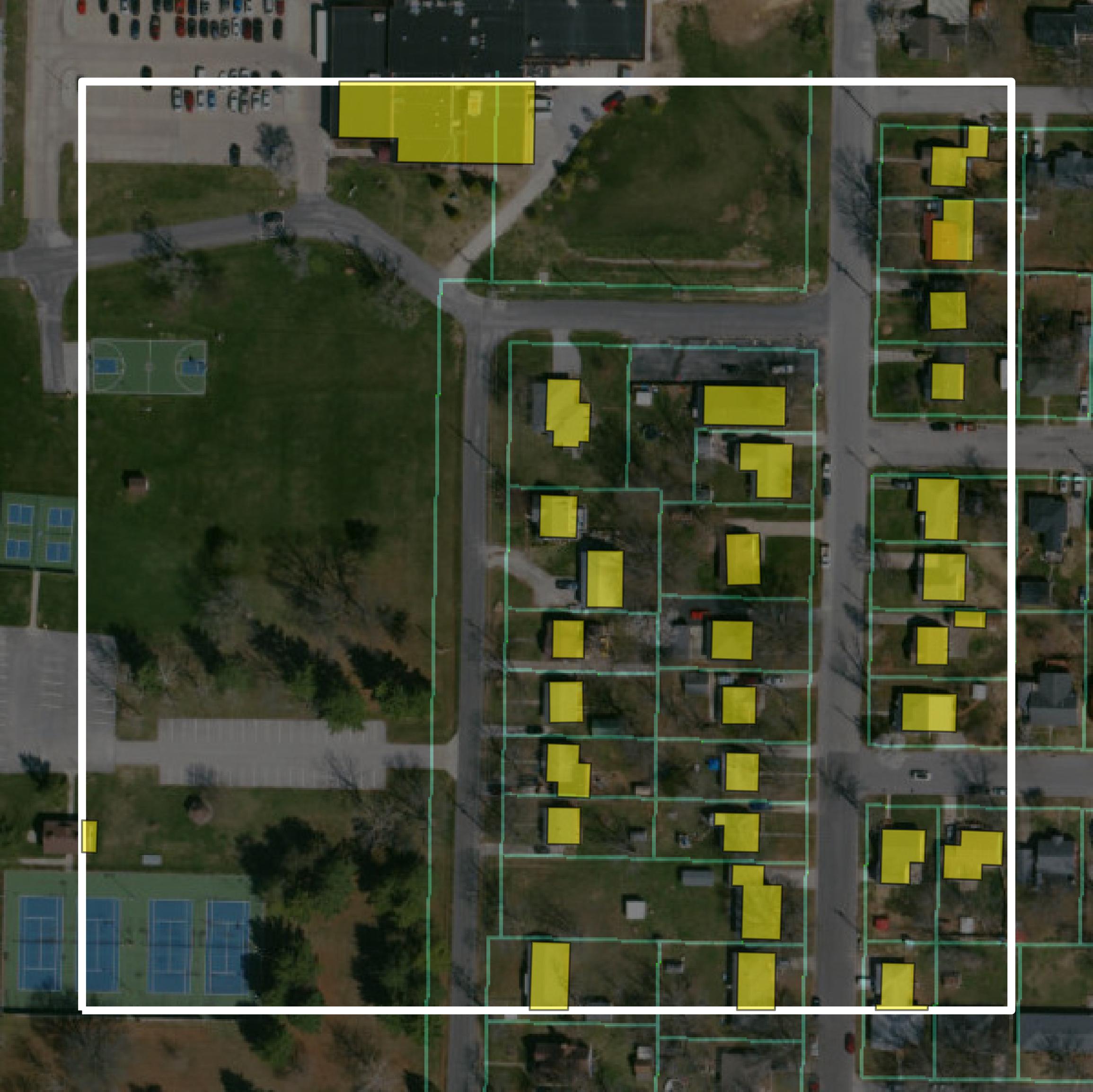 This image shows parcel and building data in Audrain County created using GIS data in Equator.