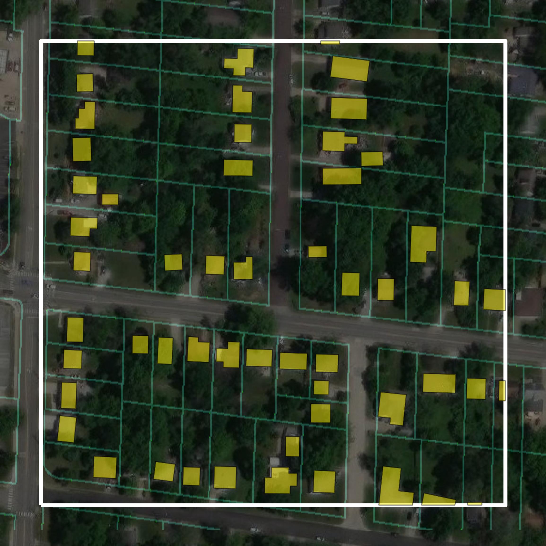 This image shows parcel and building data in Boone County created using GIS data in Equator.