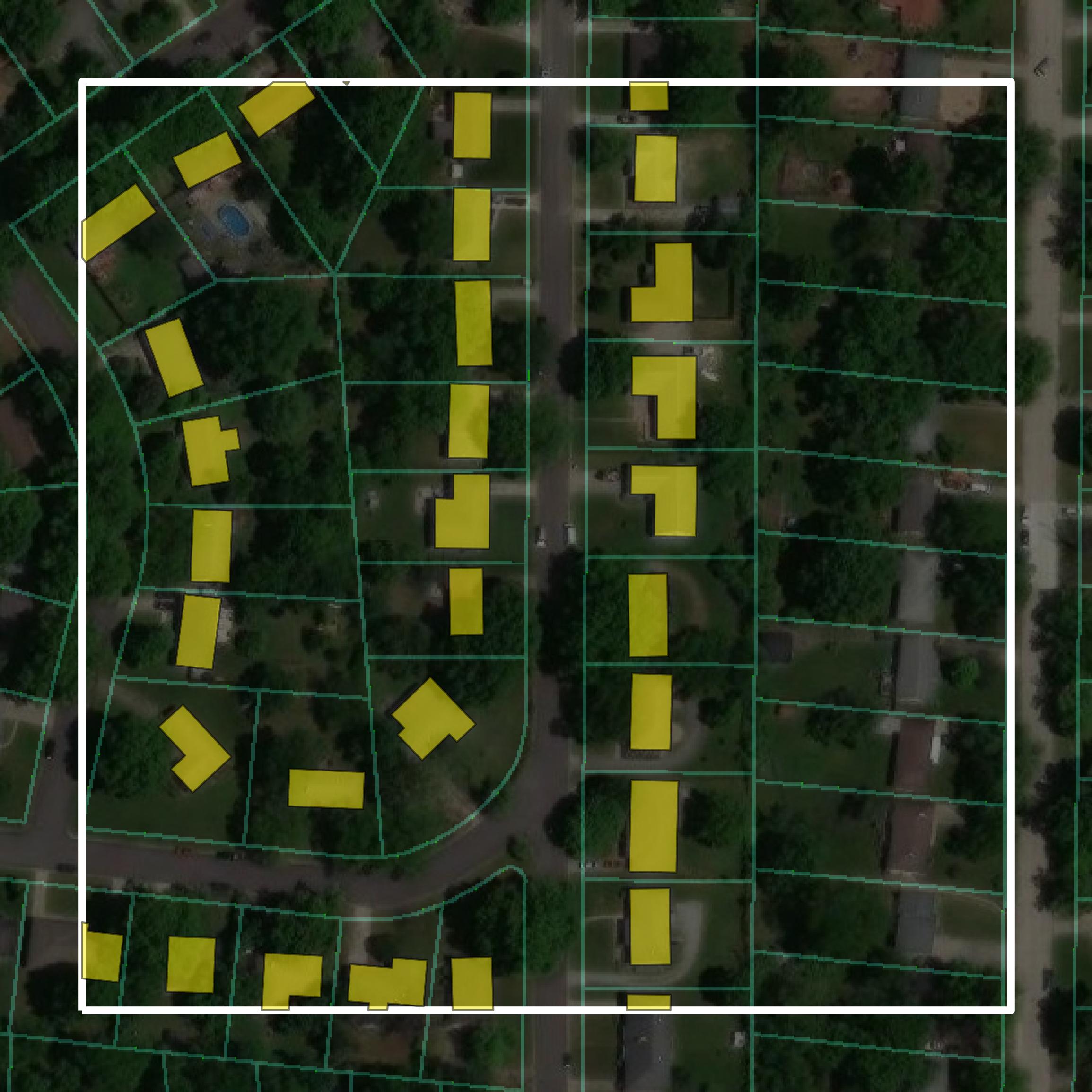 This image shows parcel and building data in Boone County created using GIS data in Equator.