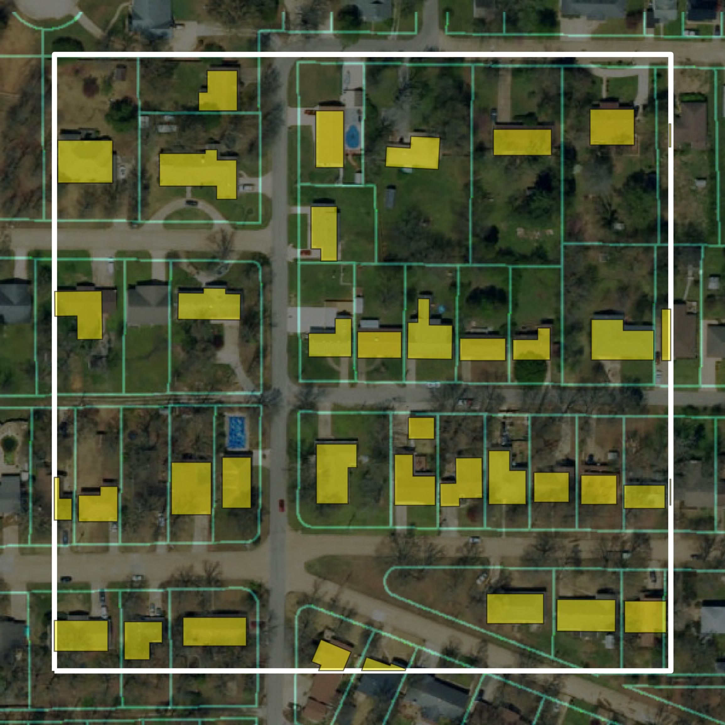 This image shows parcel and building data in Butler County created using GIS data in Equator.