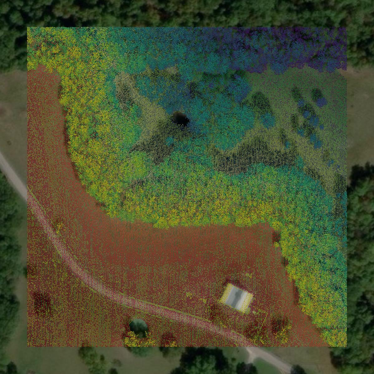 This image shows a LiDAR point cloud in Christian County created using GIS data in Equator.