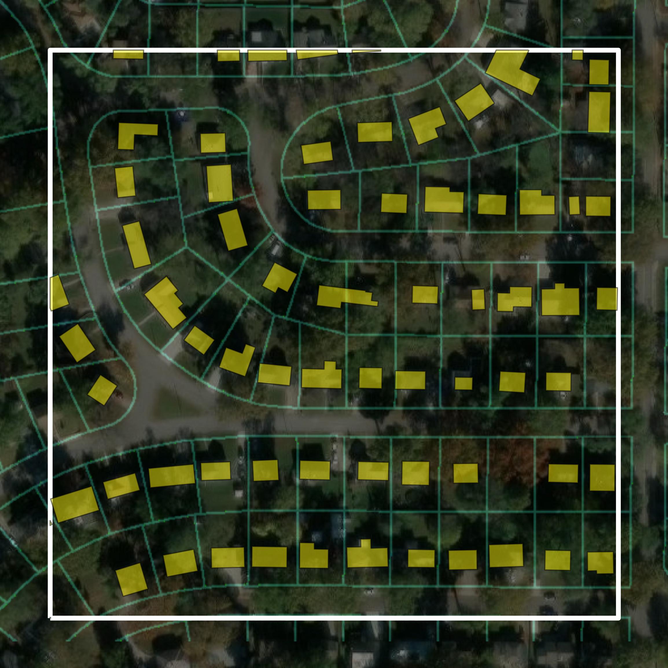 This image shows parcel and building data in Clay County created using GIS data in Equator.