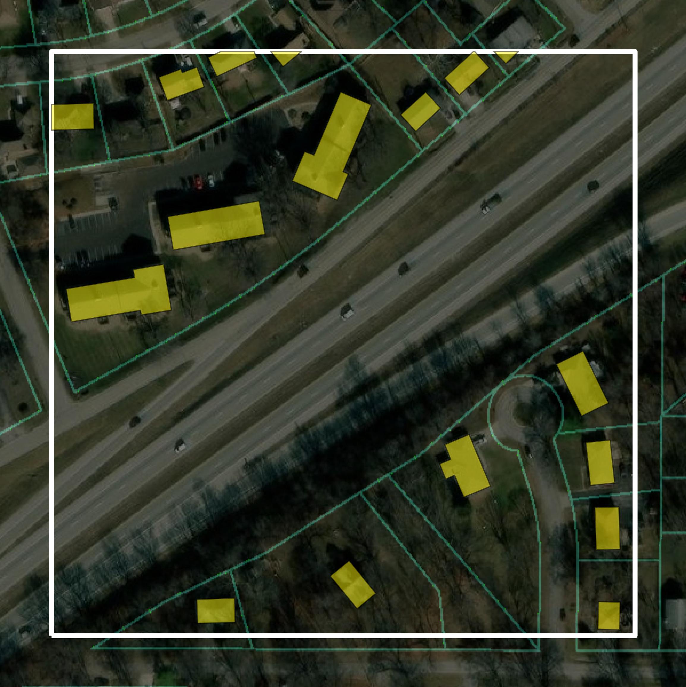This image shows parcel and building data in Clay County created using GIS data in Equator.