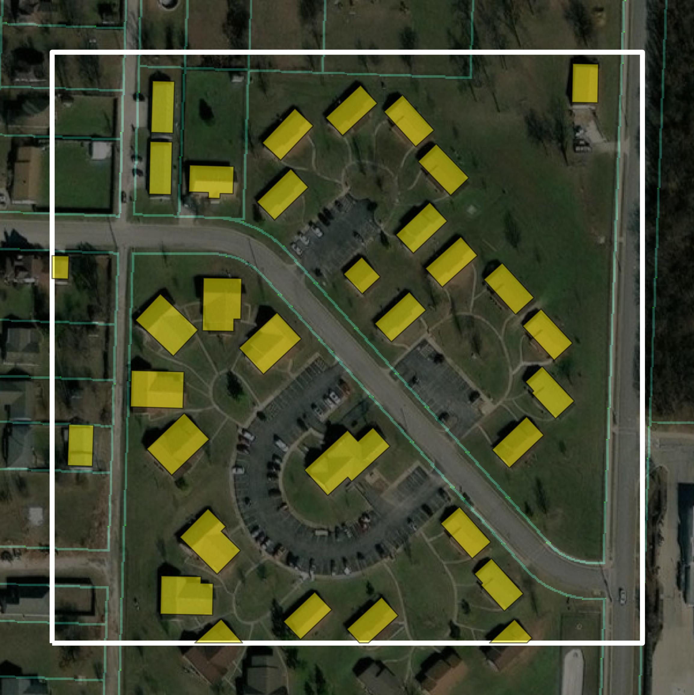 This image shows parcel and building data in Jasper County created using GIS data in Equator.