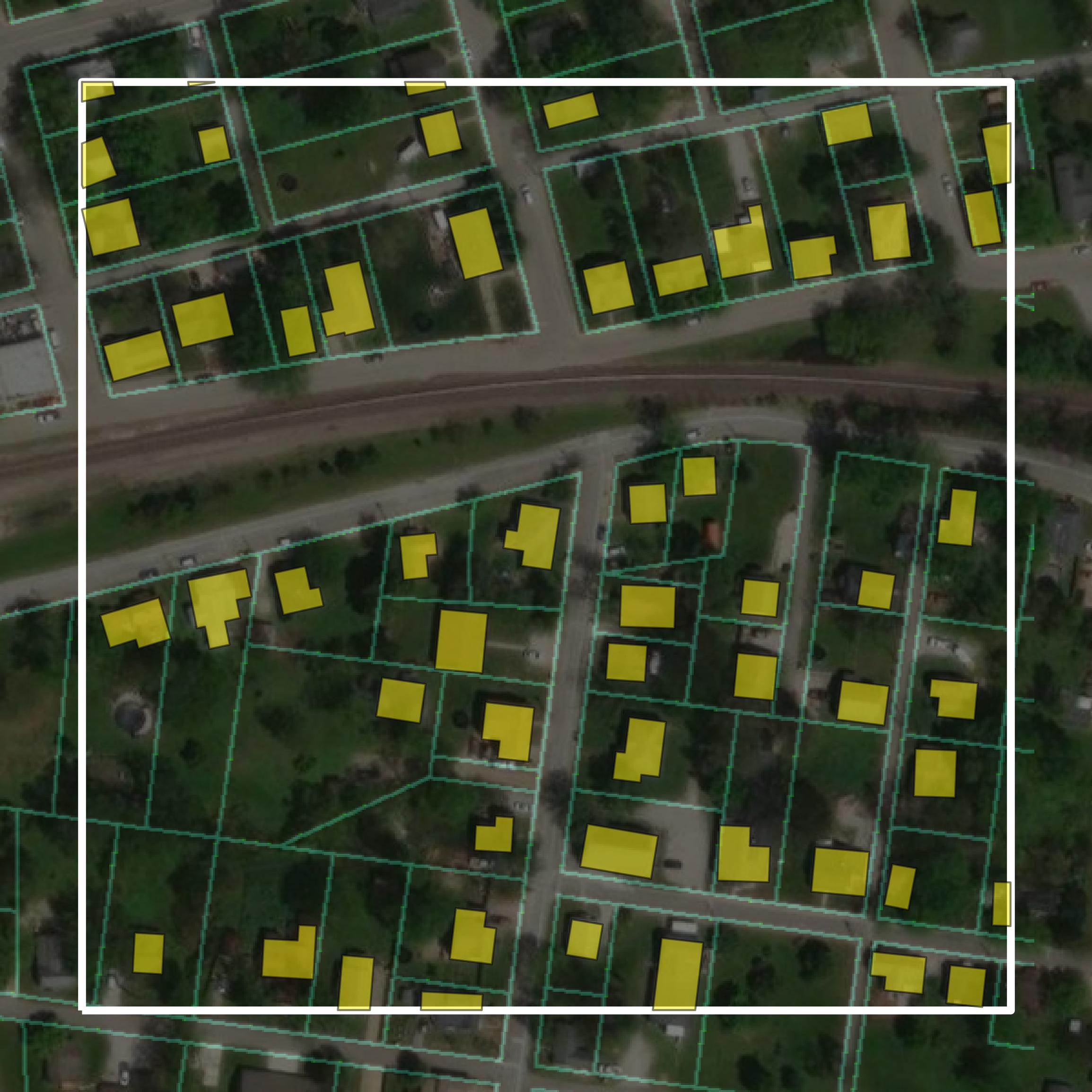 This image shows parcel and building data in Jefferson County created using GIS data in Equator.