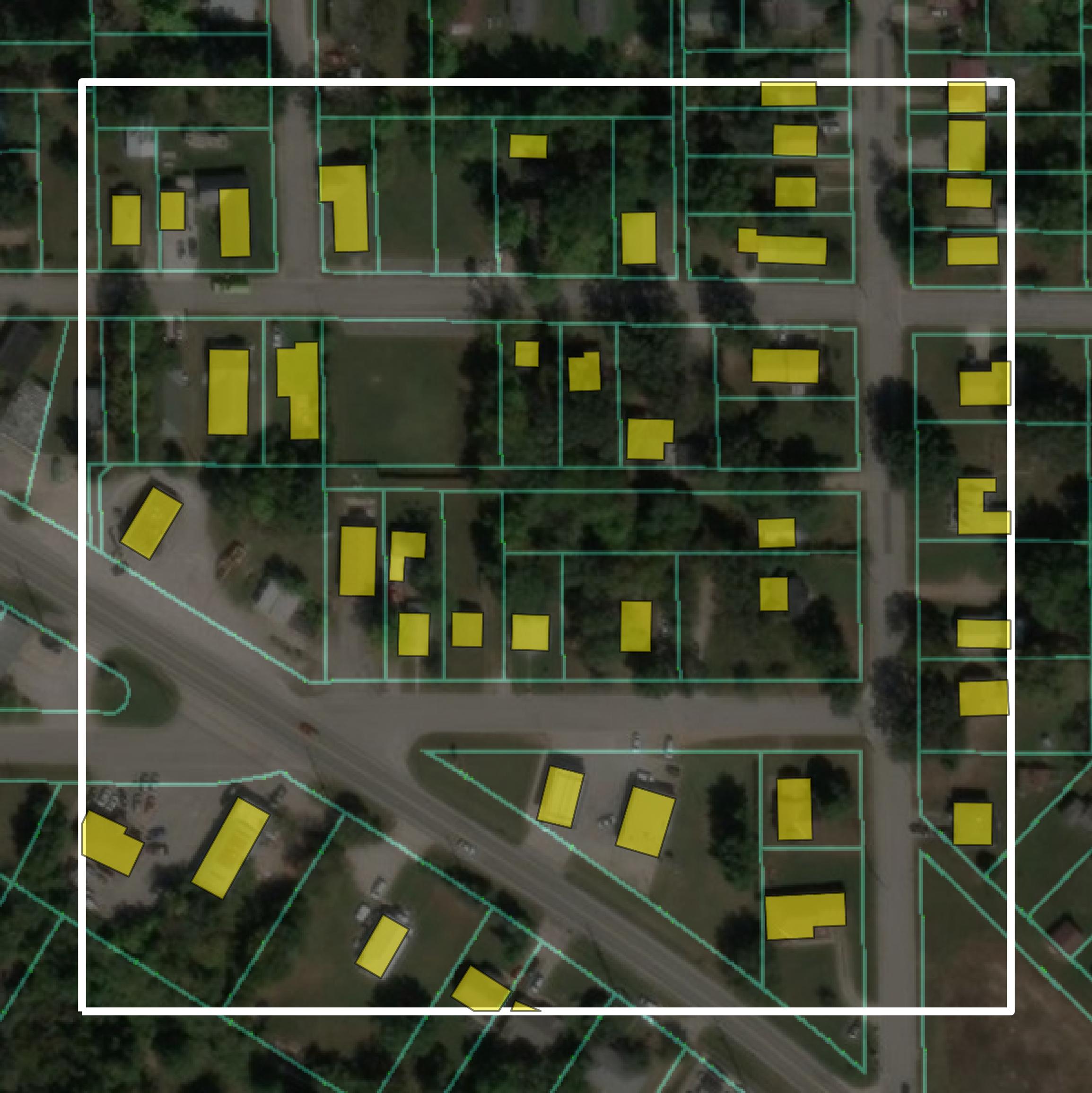 This image shows parcel and building data in Laclede County created using GIS data in Equator.