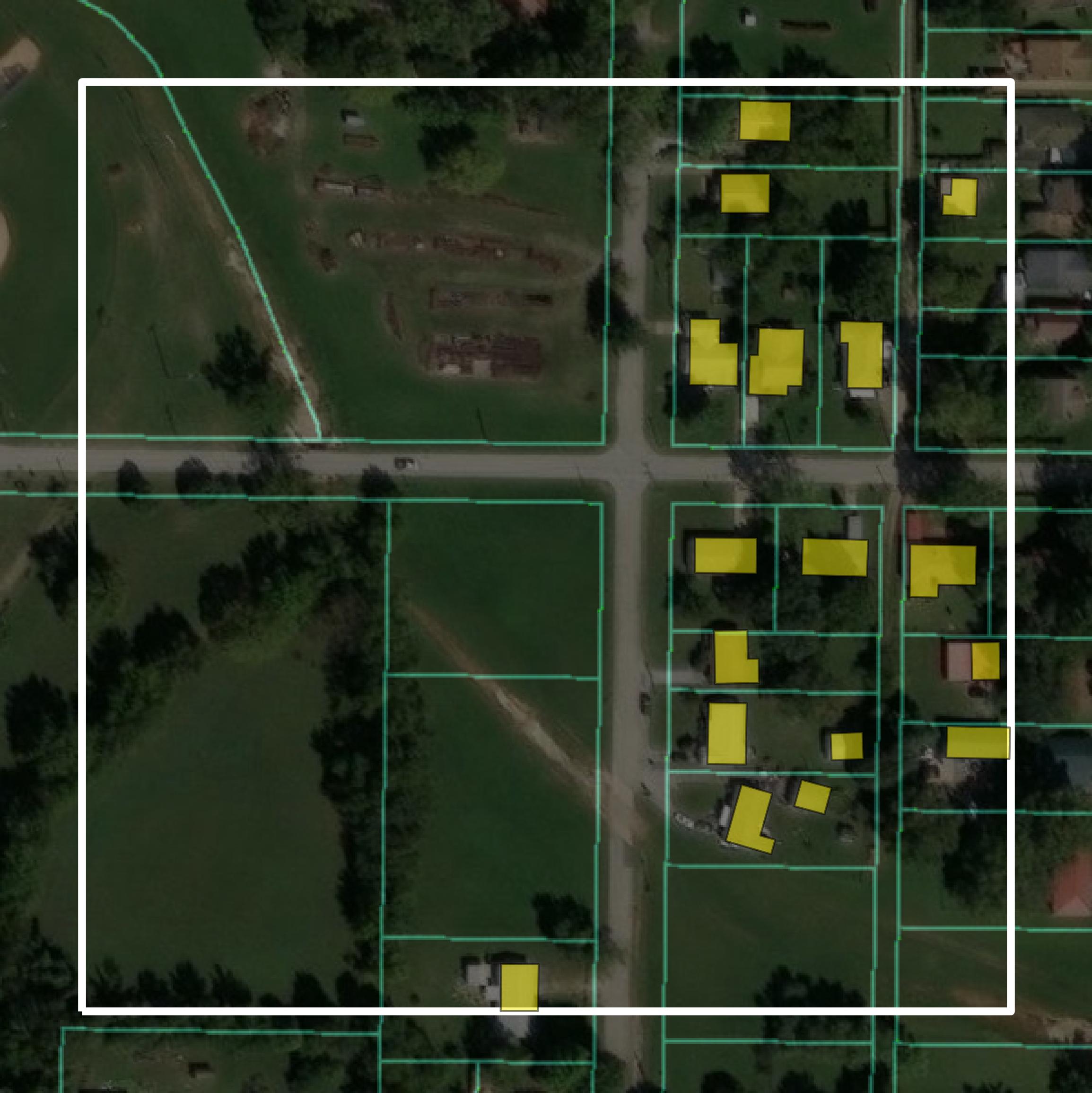 This image shows parcel and building data in Lawrence County created using GIS data in Equator.
