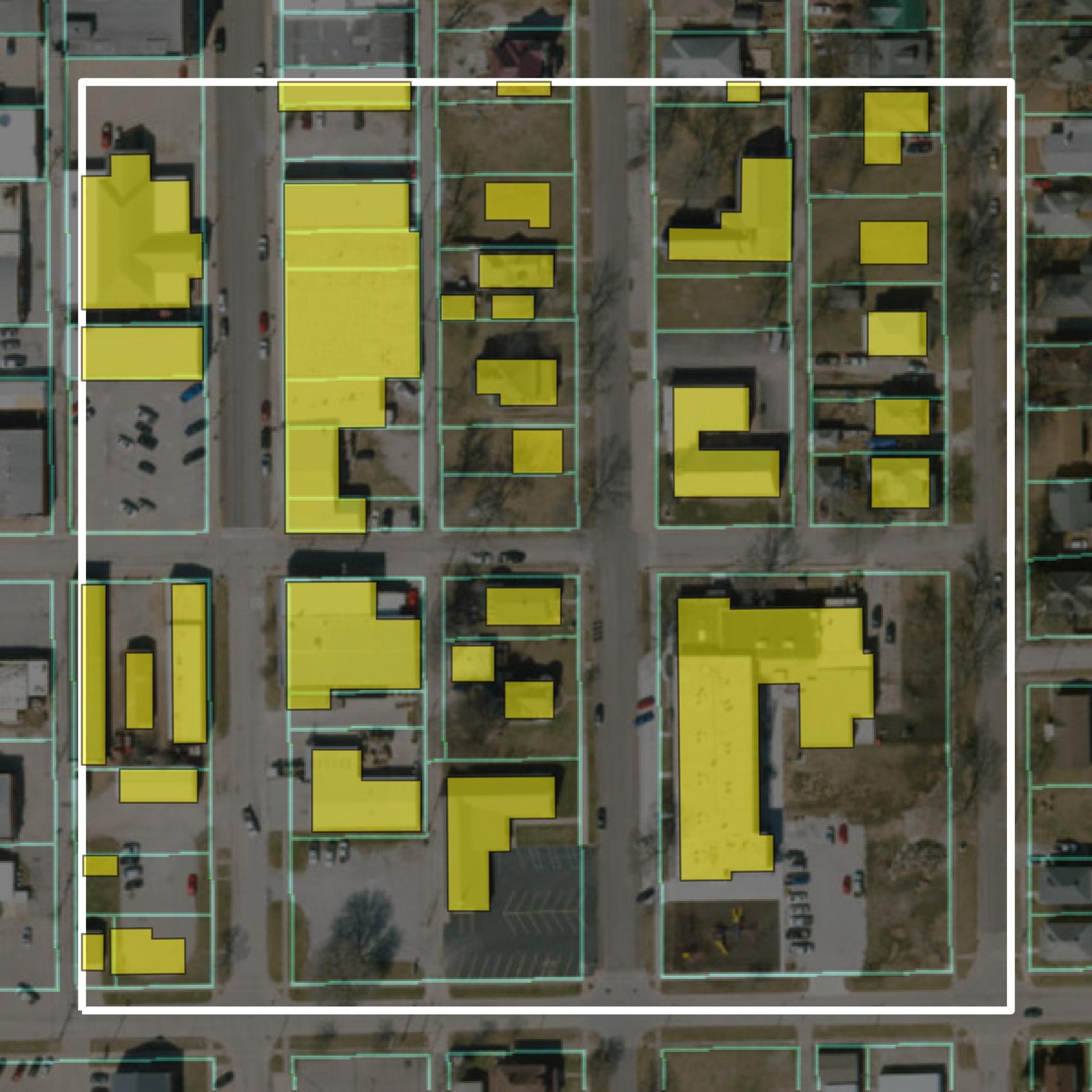 This image shows parcel and building data in Livingston County created using GIS data in Equator.