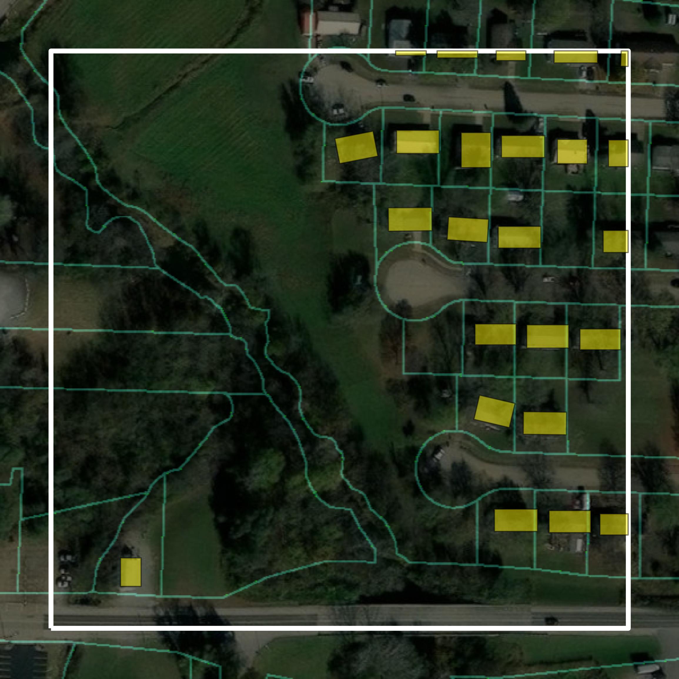 This image shows parcel and building data in Madison County created using GIS data in Equator.