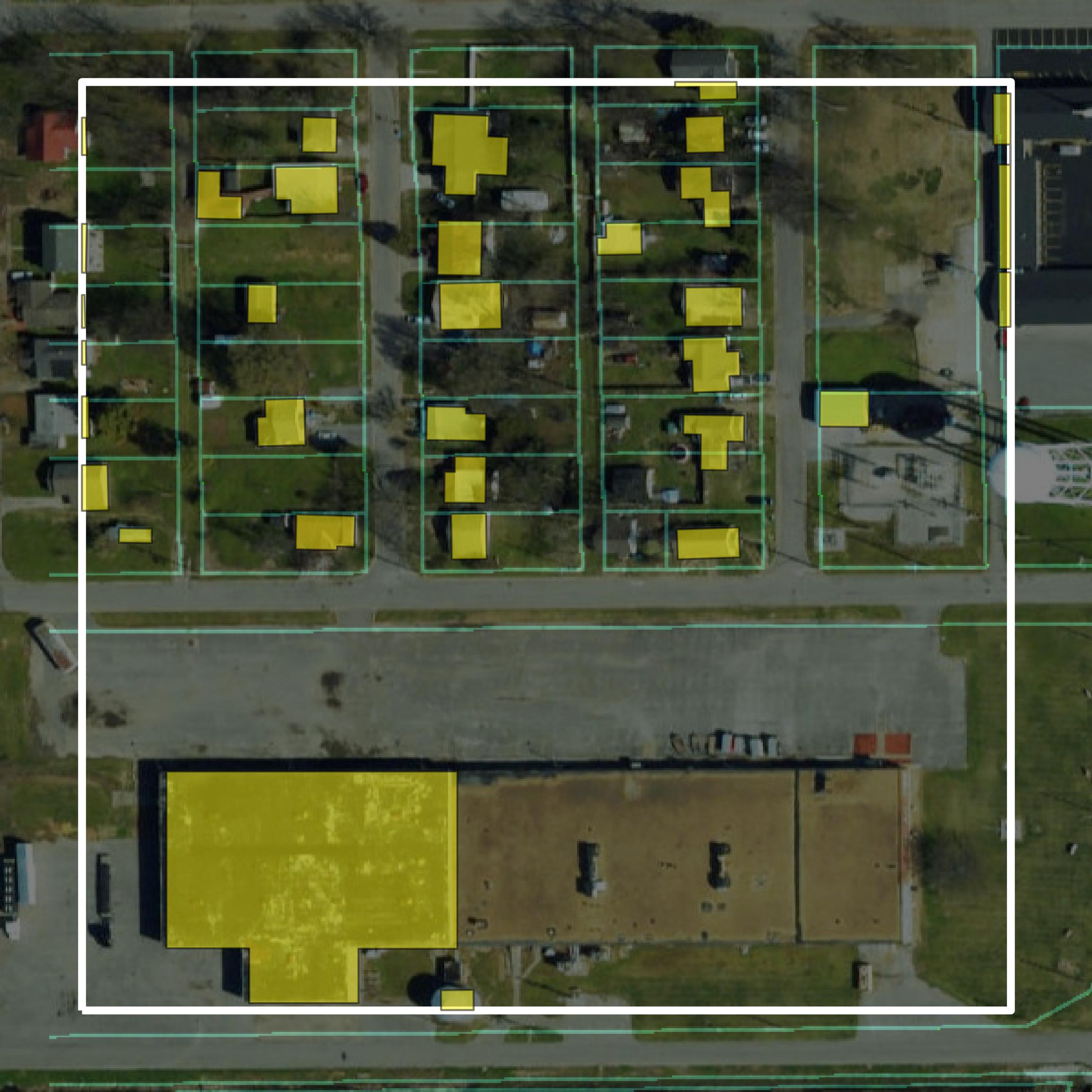 This image shows parcel and building data in Pemiscot County created using GIS data in Equator.