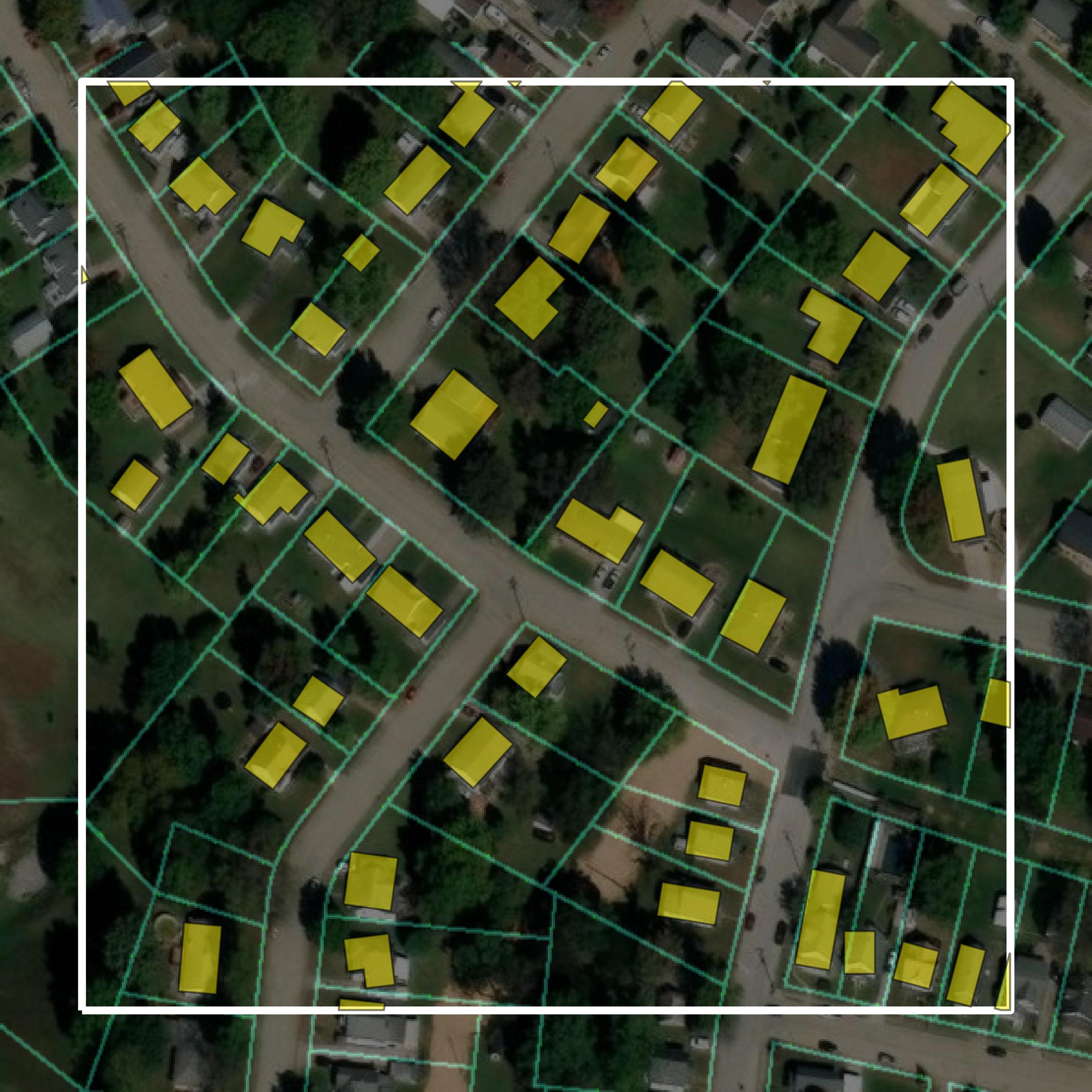 This image shows parcel and building data in Perry County created using GIS data in Equator.