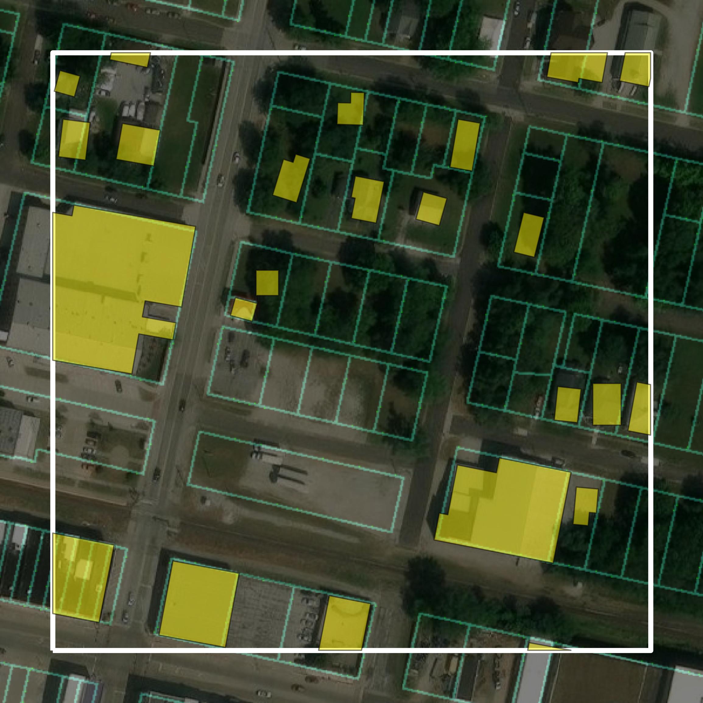 This image shows parcel and building data in Pettis County created using GIS data in Equator.