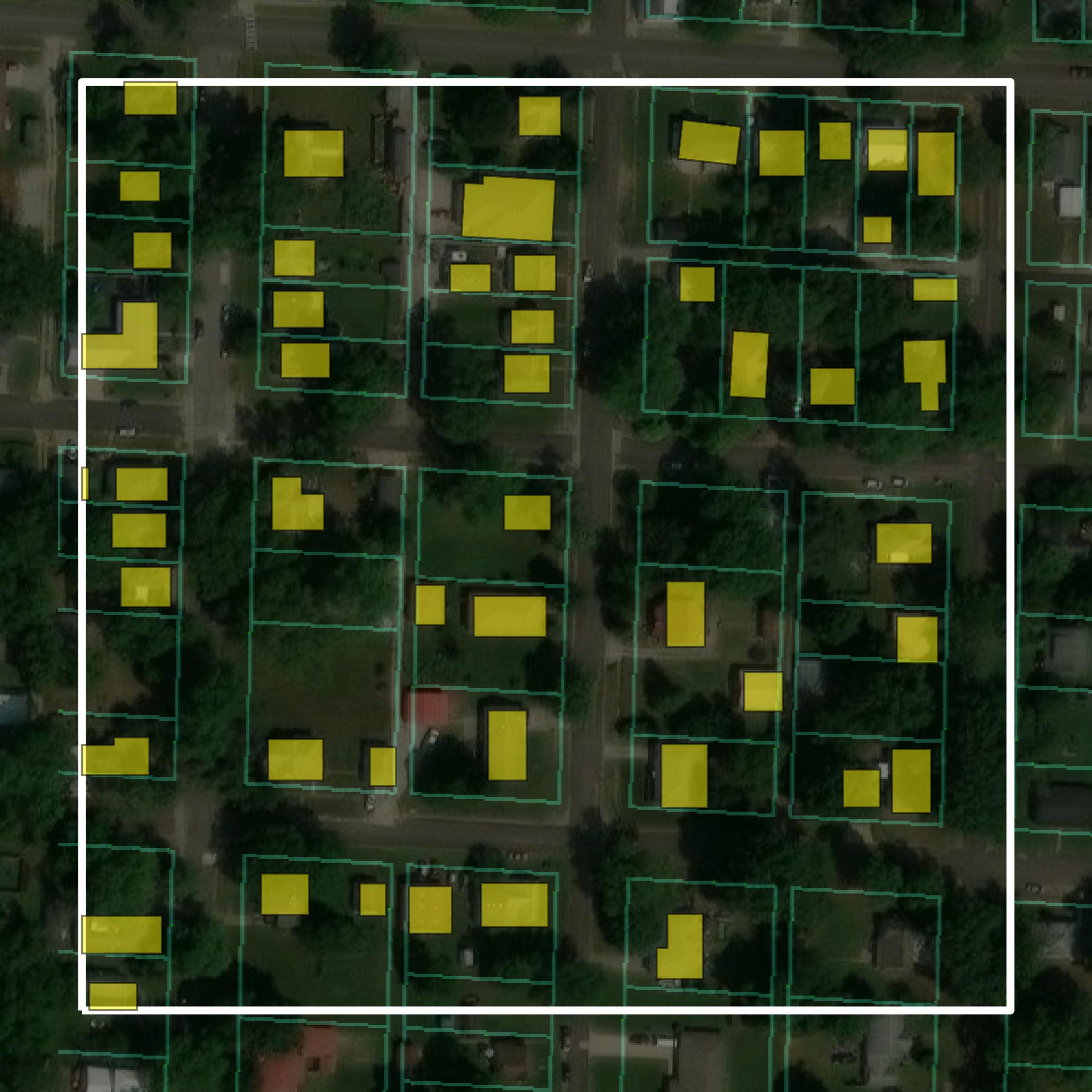This image shows parcel and building data in Pettis County created using GIS data in Equator.