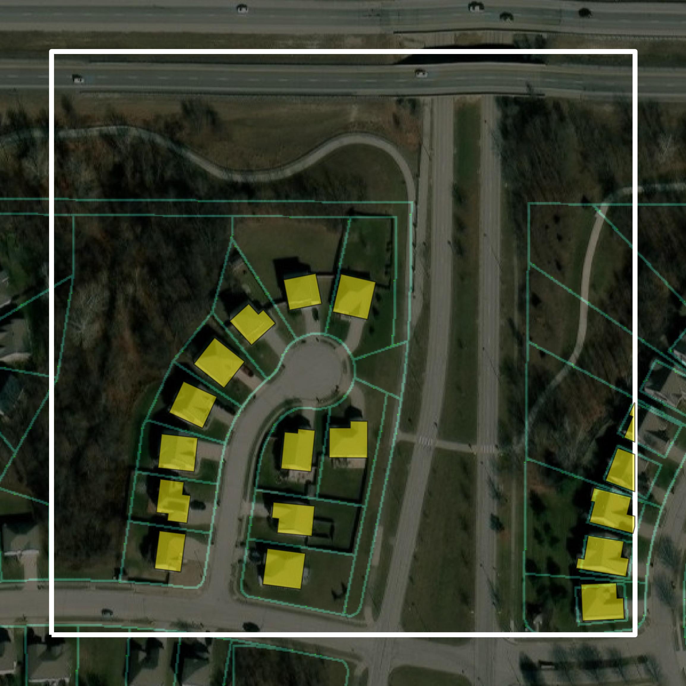 This image shows parcel and building data in Platte County created using GIS data in Equator.