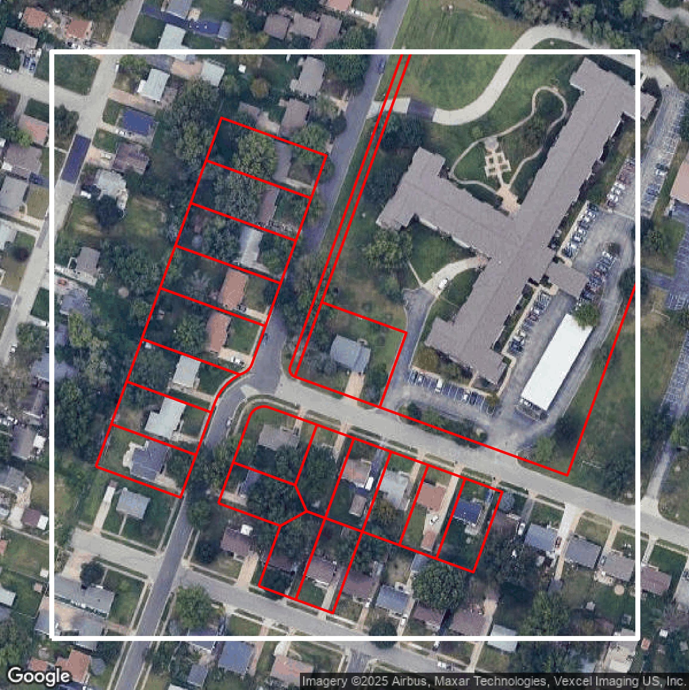 This image shows parcel and building data in St. Louis County created using GIS data in Equator.