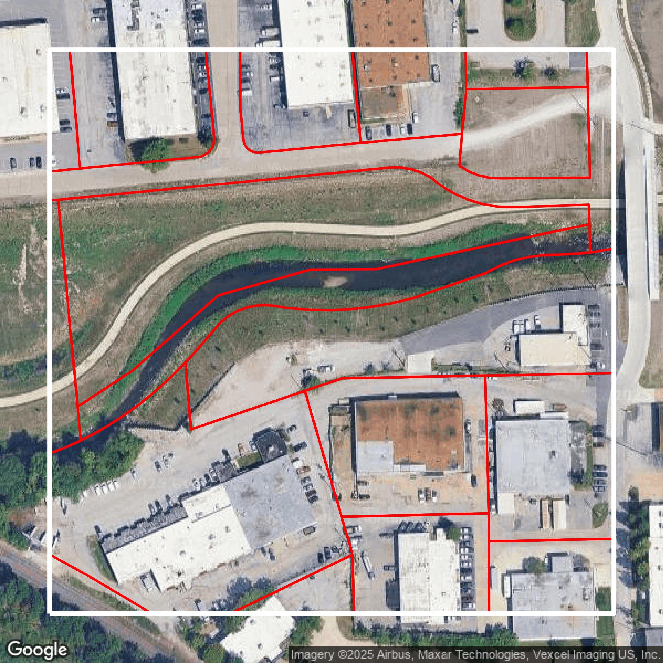 This image shows parcel and building data in St. Louis County created using GIS data in Equator.
