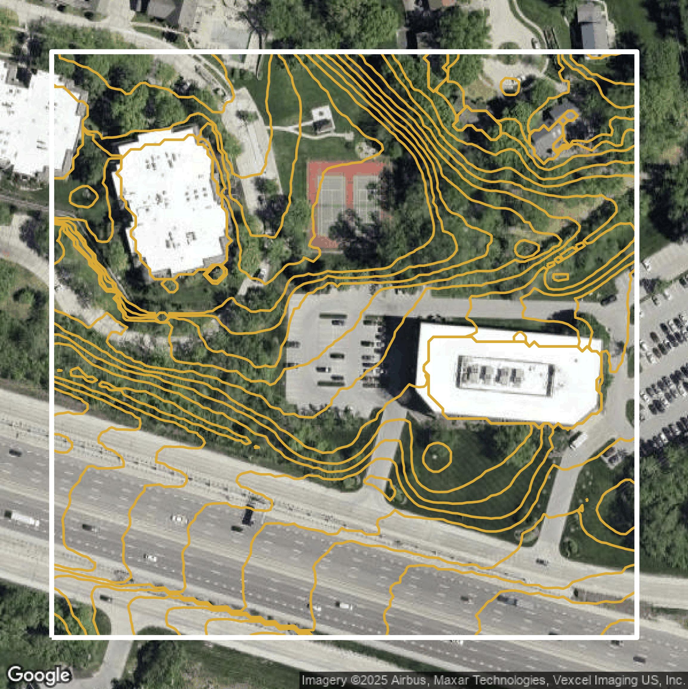This image shows a contour map in St. Louis County created using GIS data in Equator.