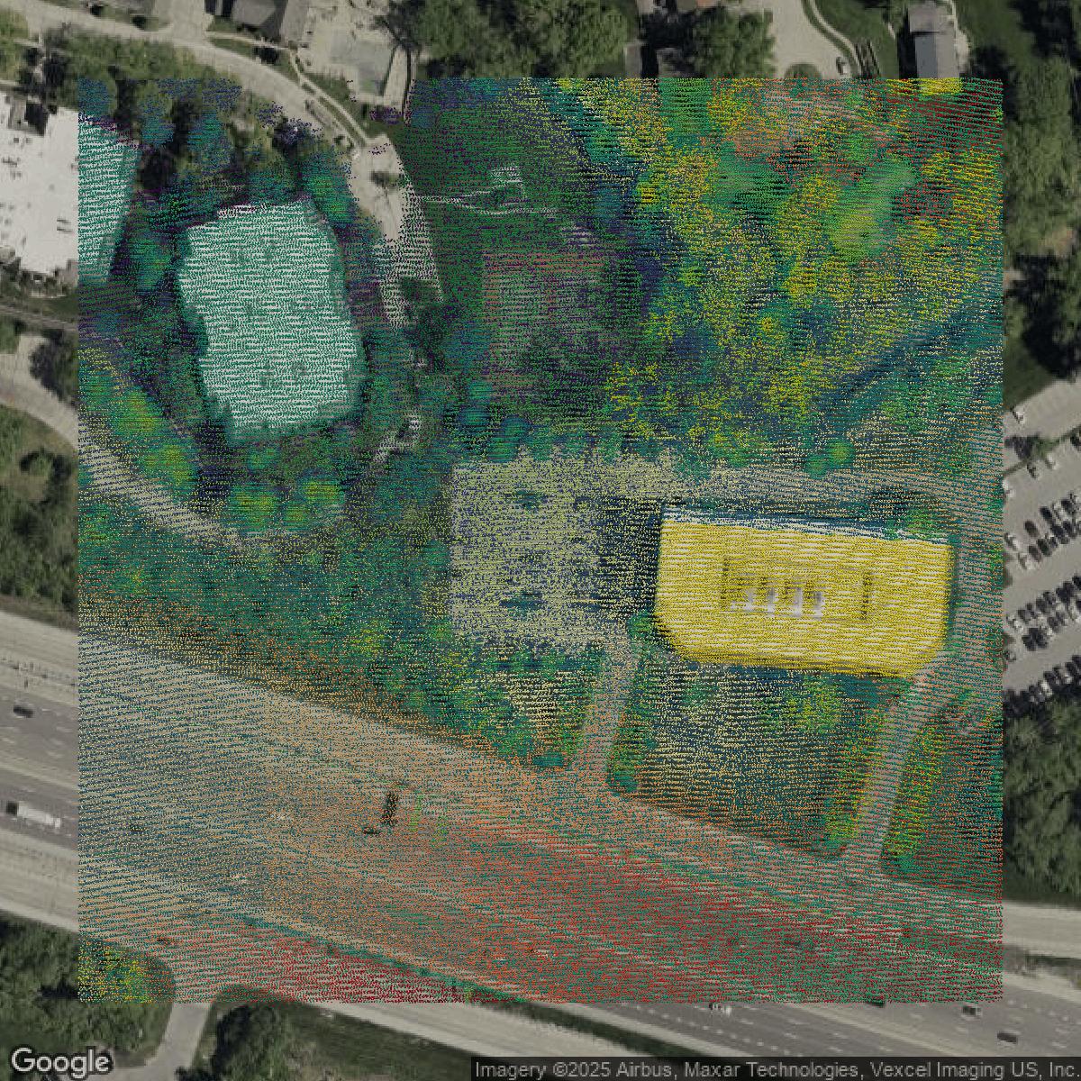 This image shows a LiDAR point cloud in St. Louis County created using GIS data in Equator.
