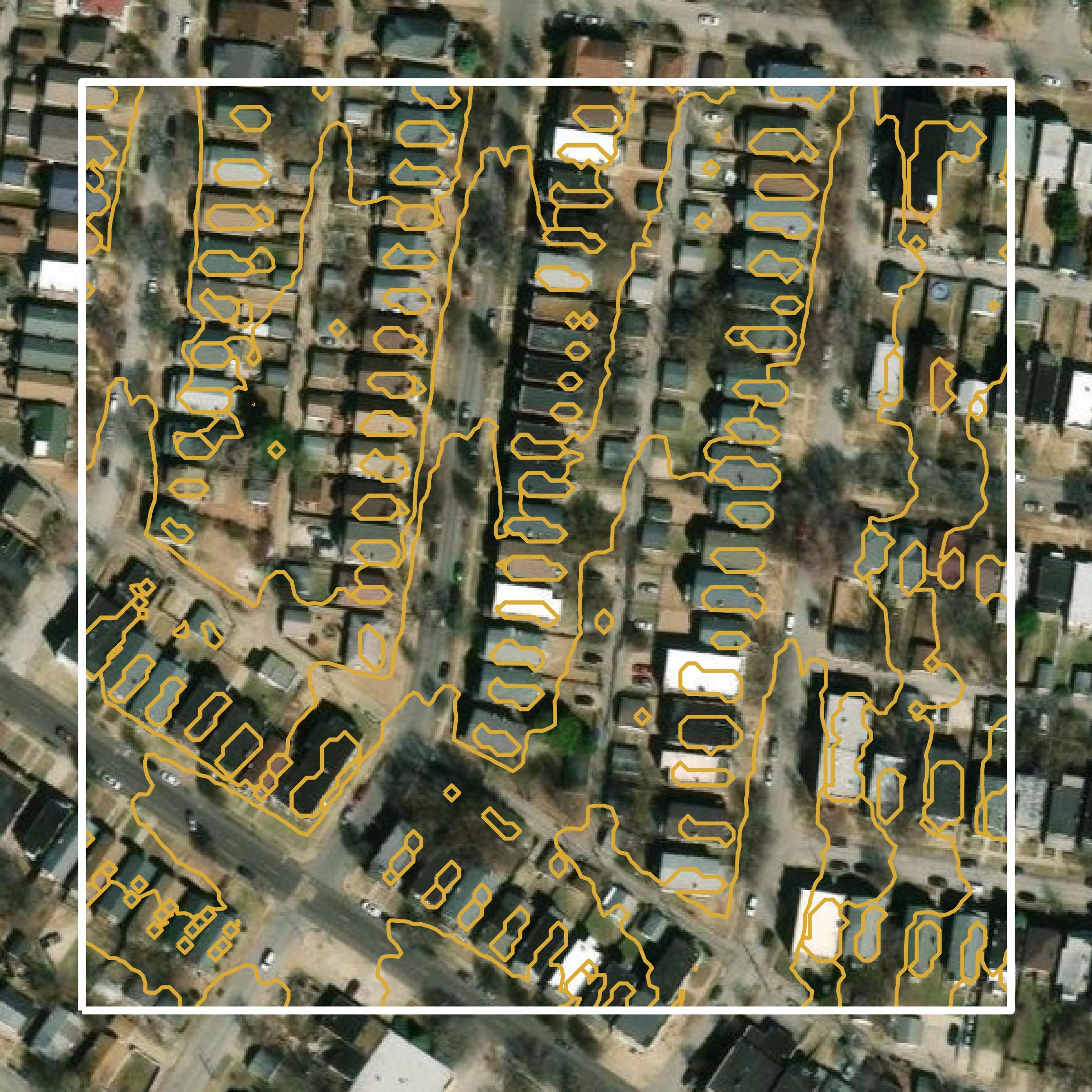 This image shows a contour map in St. Louis city created using GIS data in Equator.