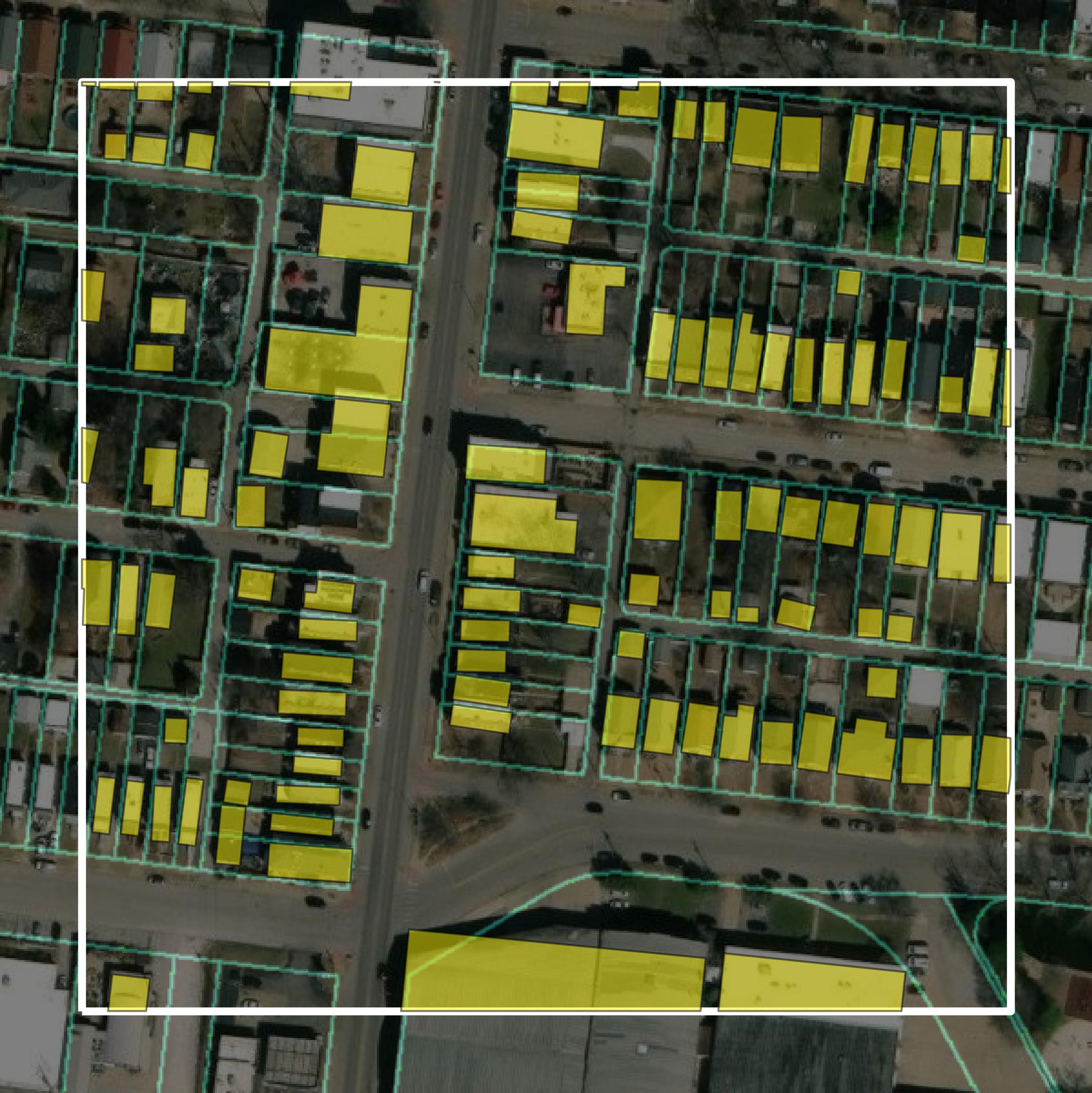 This image shows parcel and building data in St. Louis city created using GIS data in Equator.