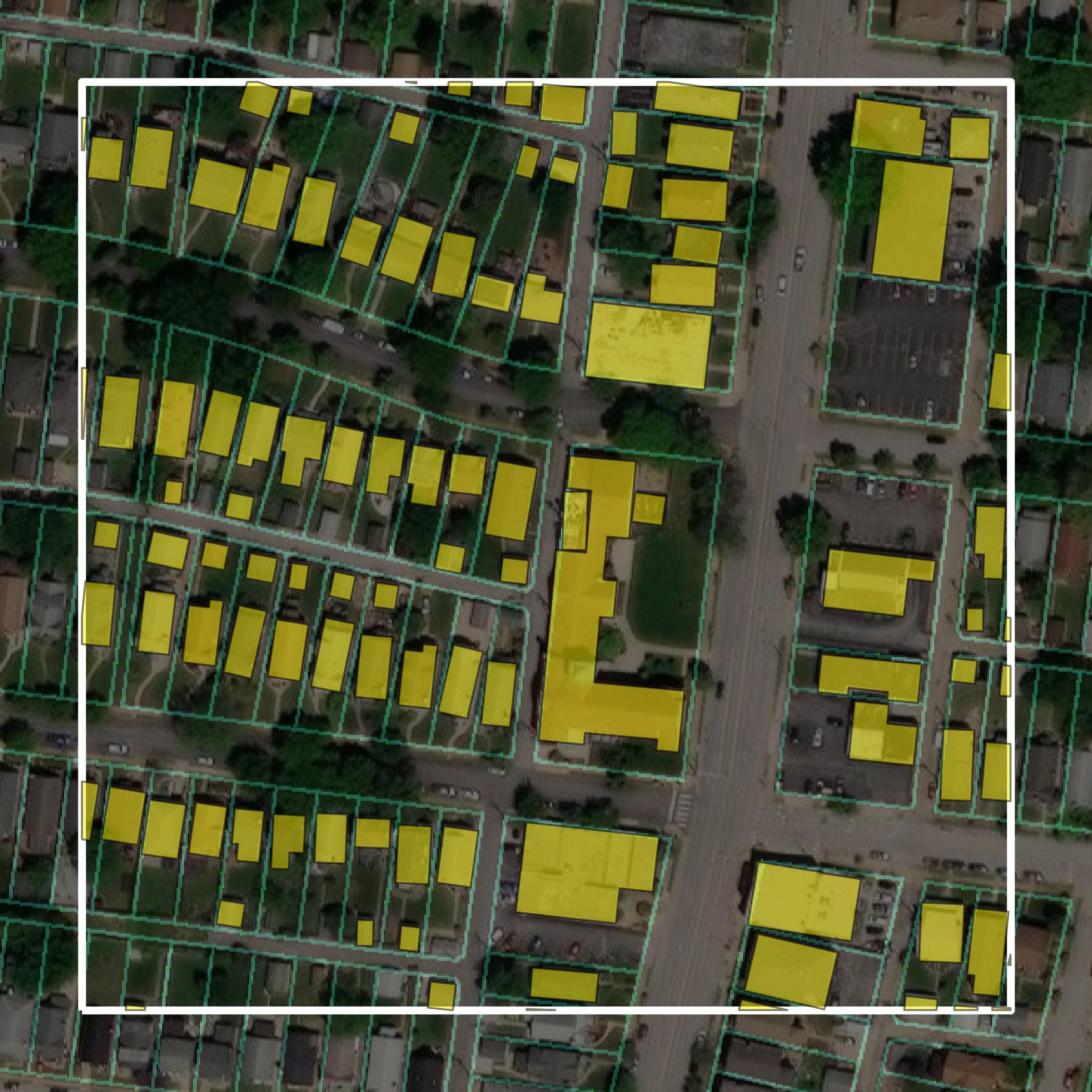 This image shows parcel and building data in St. Louis city created using GIS data in Equator.