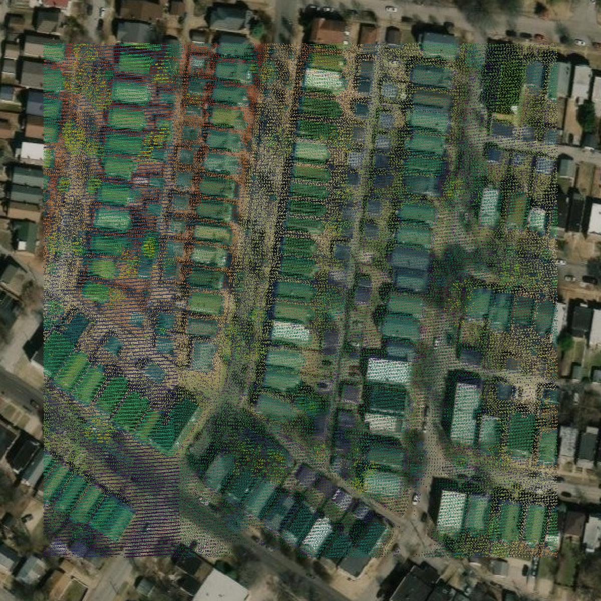 This image shows a LiDAR point cloud in St. Louis city created using GIS data in Equator.