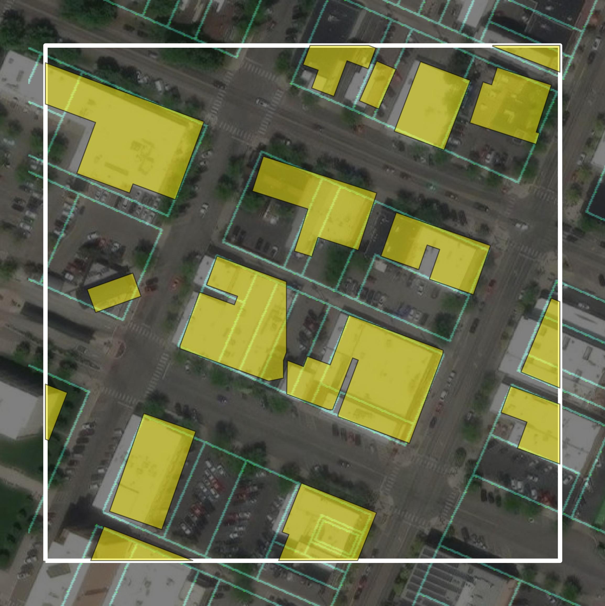 This image shows parcel and building data in Missoula County created using GIS data in Equator.