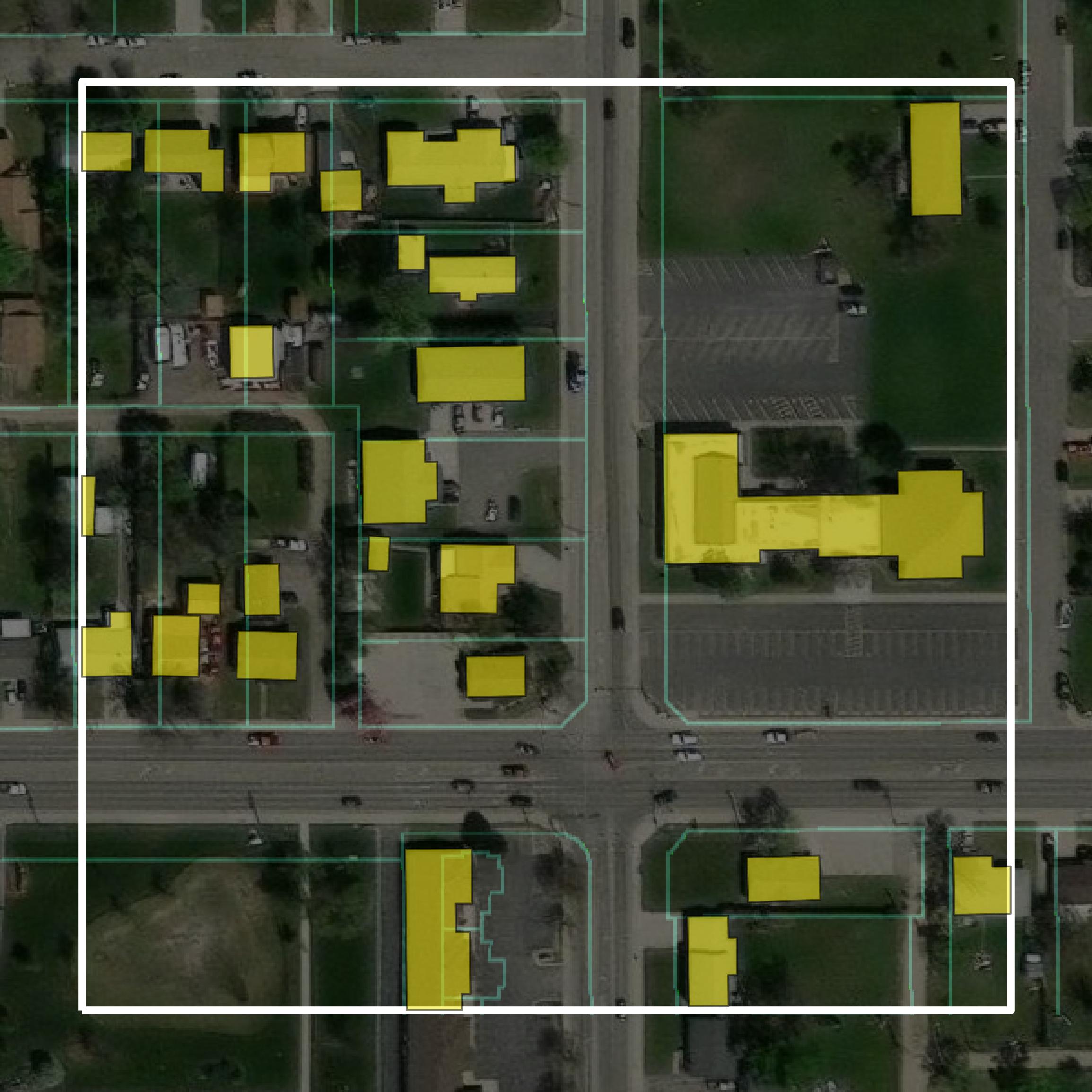 This image shows parcel and building data in Yellowstone County created using GIS data in Equator.