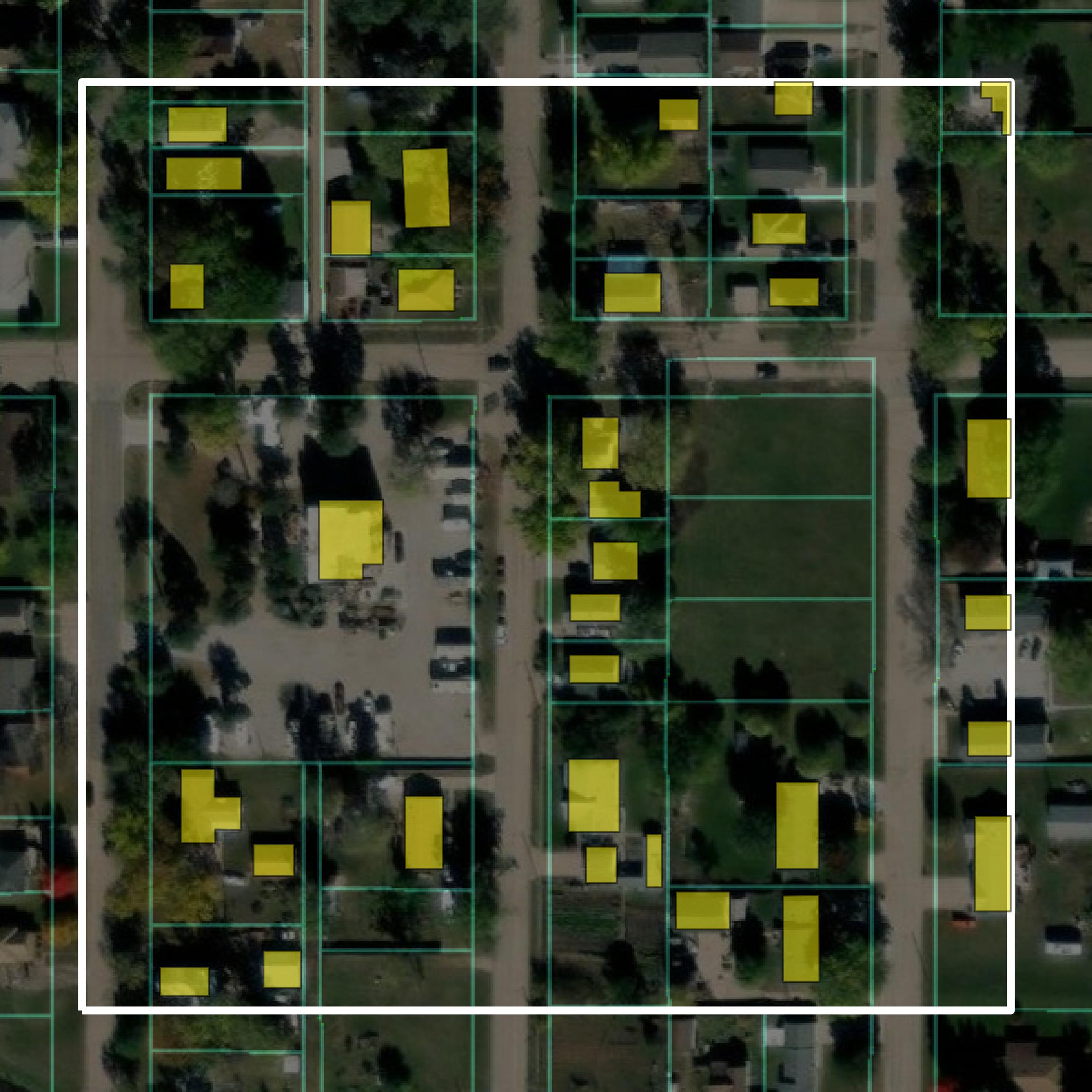 This image shows parcel and building data in Adams County created using GIS data in Equator.