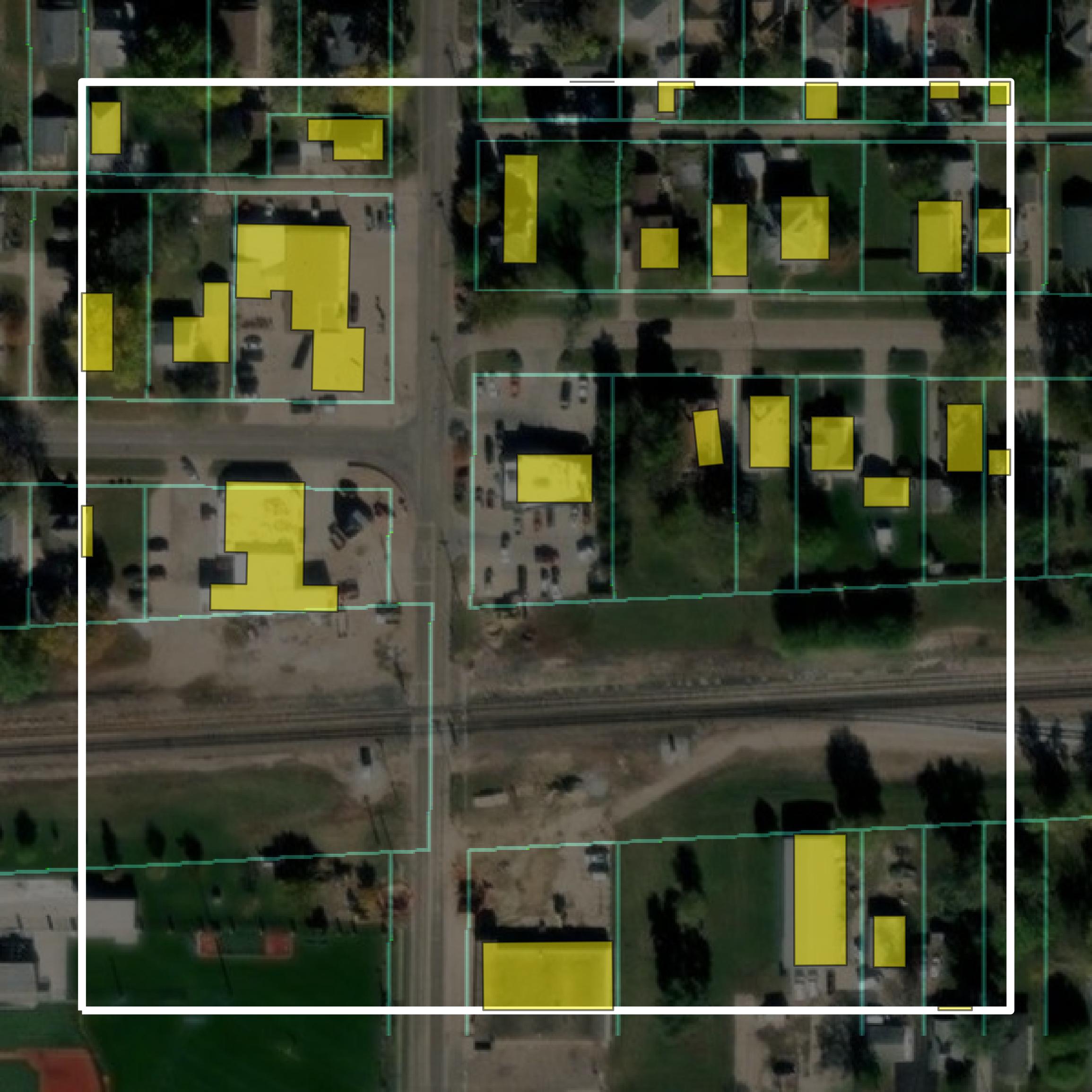 This image shows parcel and building data in Adams County created using GIS data in Equator.