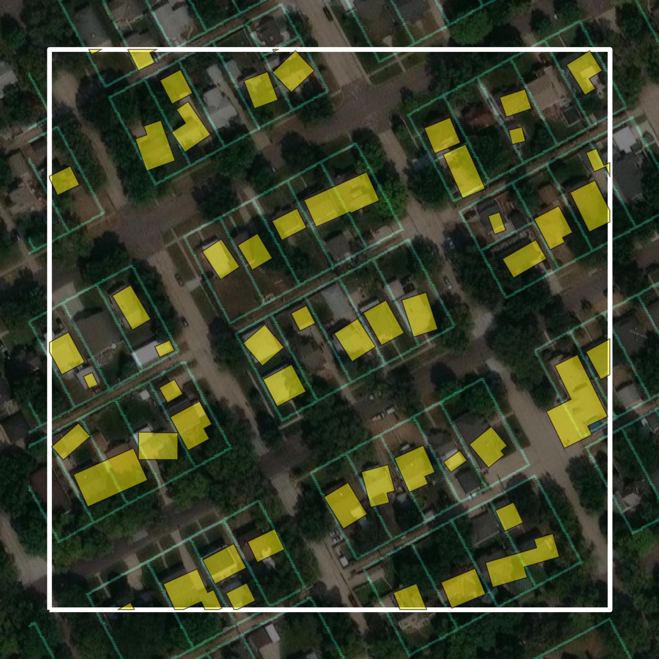 This image shows parcel and building data in Hall County created using GIS data in Equator.