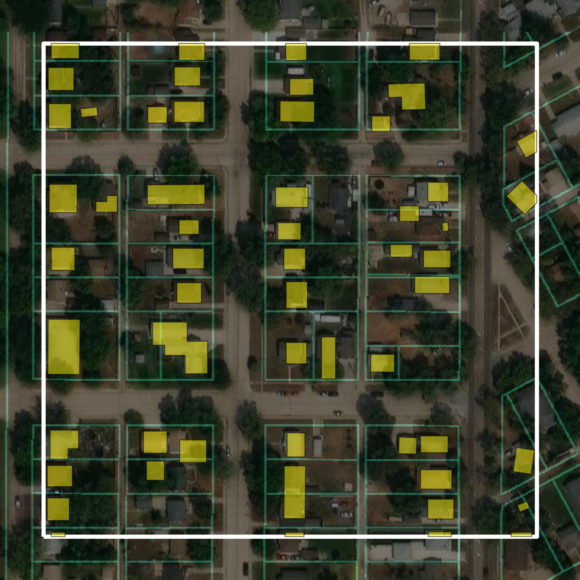 This image shows parcel and building data in Hall County created using GIS data in Equator.