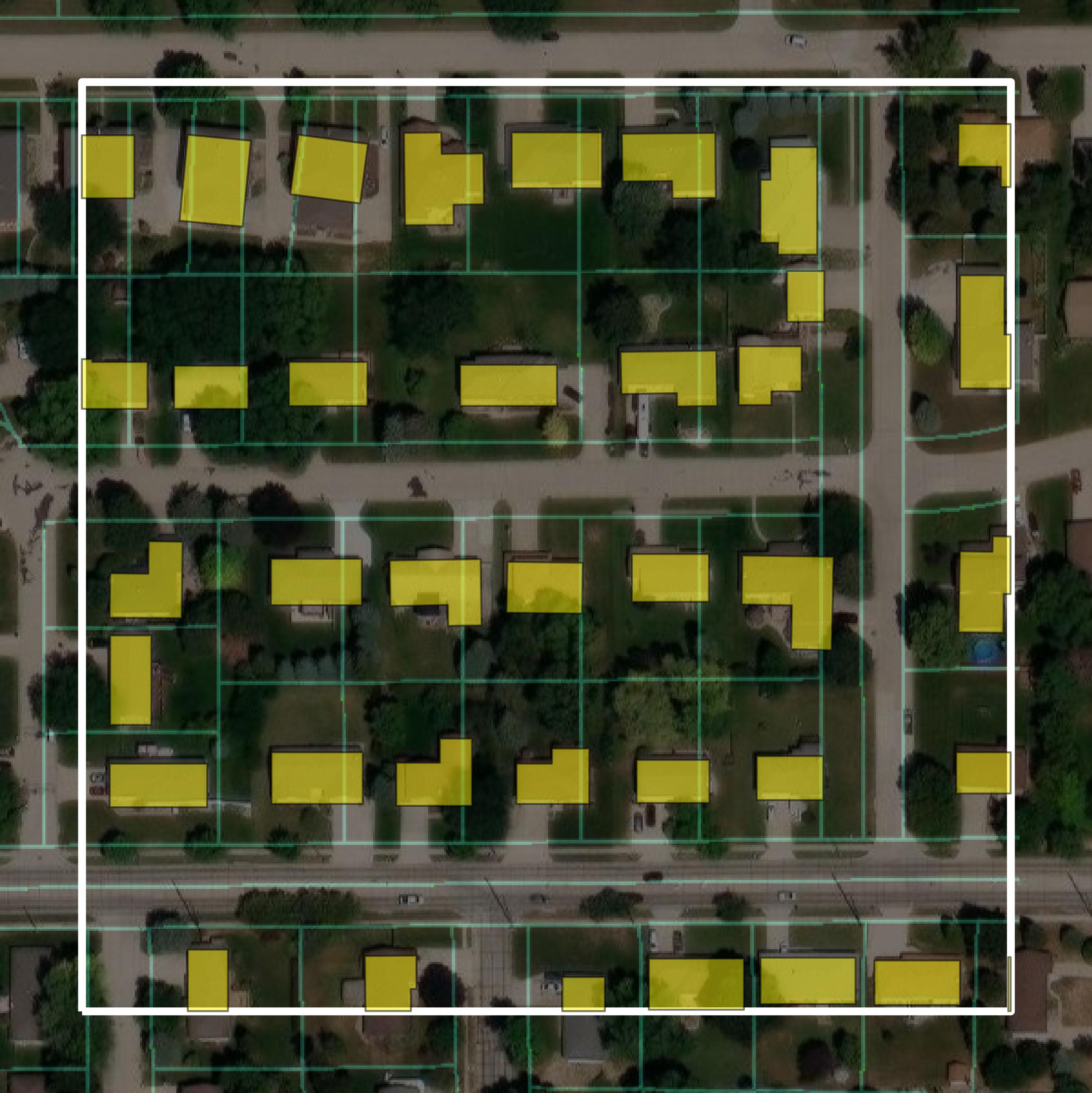This image shows parcel and building data in Madison County created using GIS data in Equator.