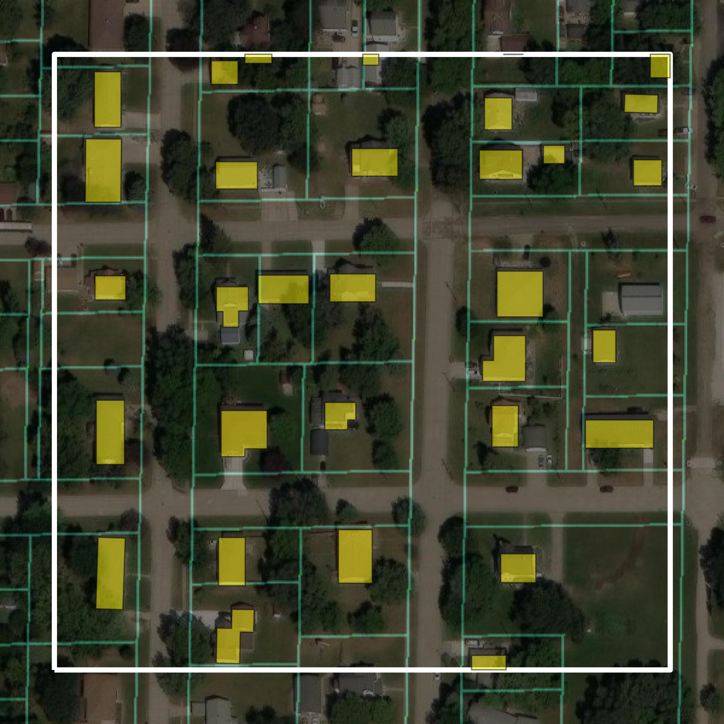This image shows parcel and building data in Madison County created using GIS data in Equator.