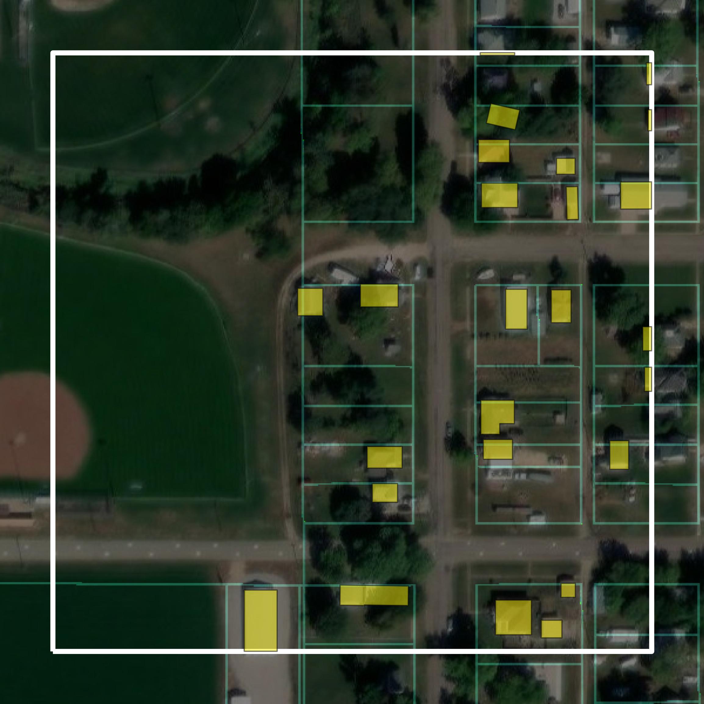 This image shows parcel and building data in Nuckolls County created using GIS data in Equator.