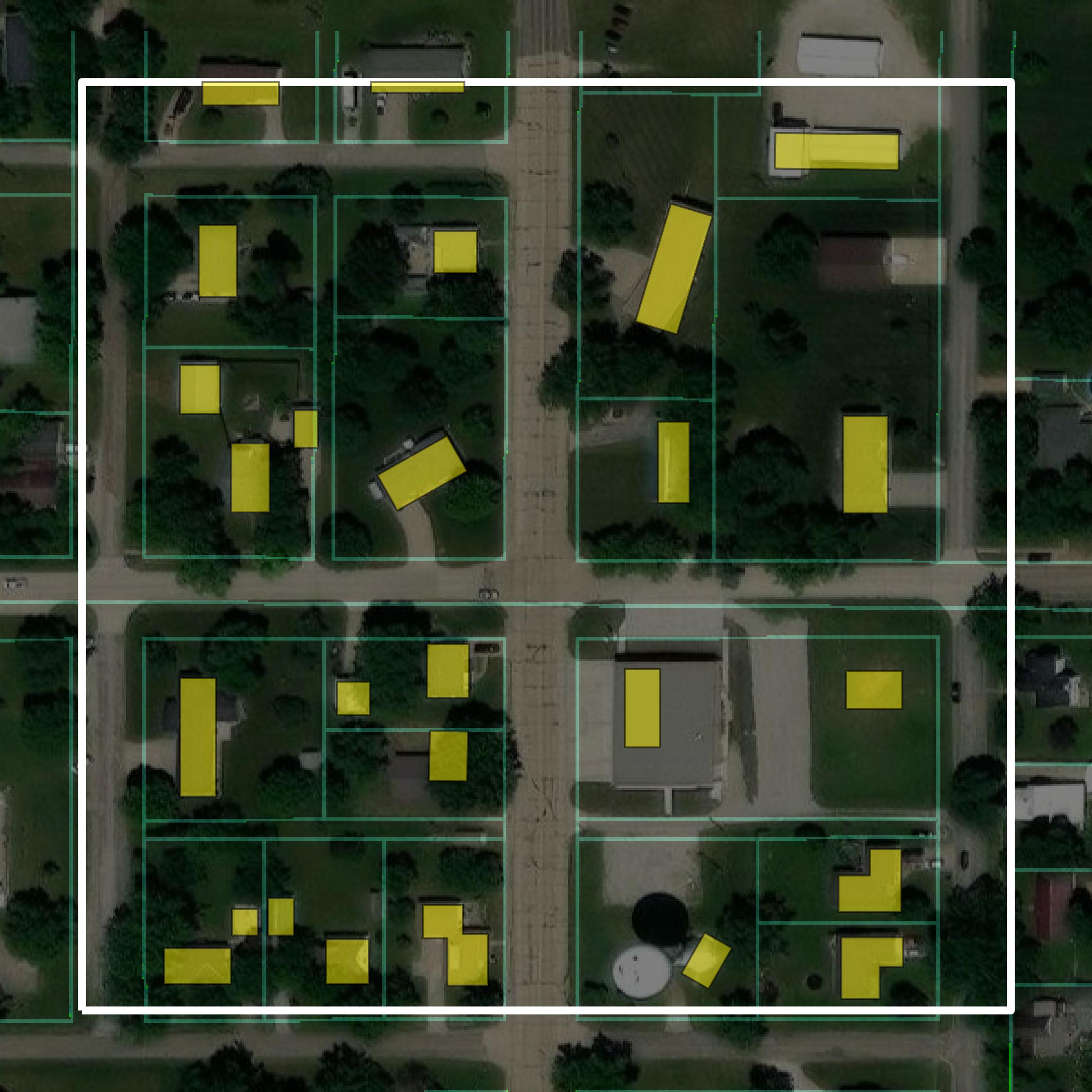 This image shows parcel and building data in Pawnee County created using GIS data in Equator.
