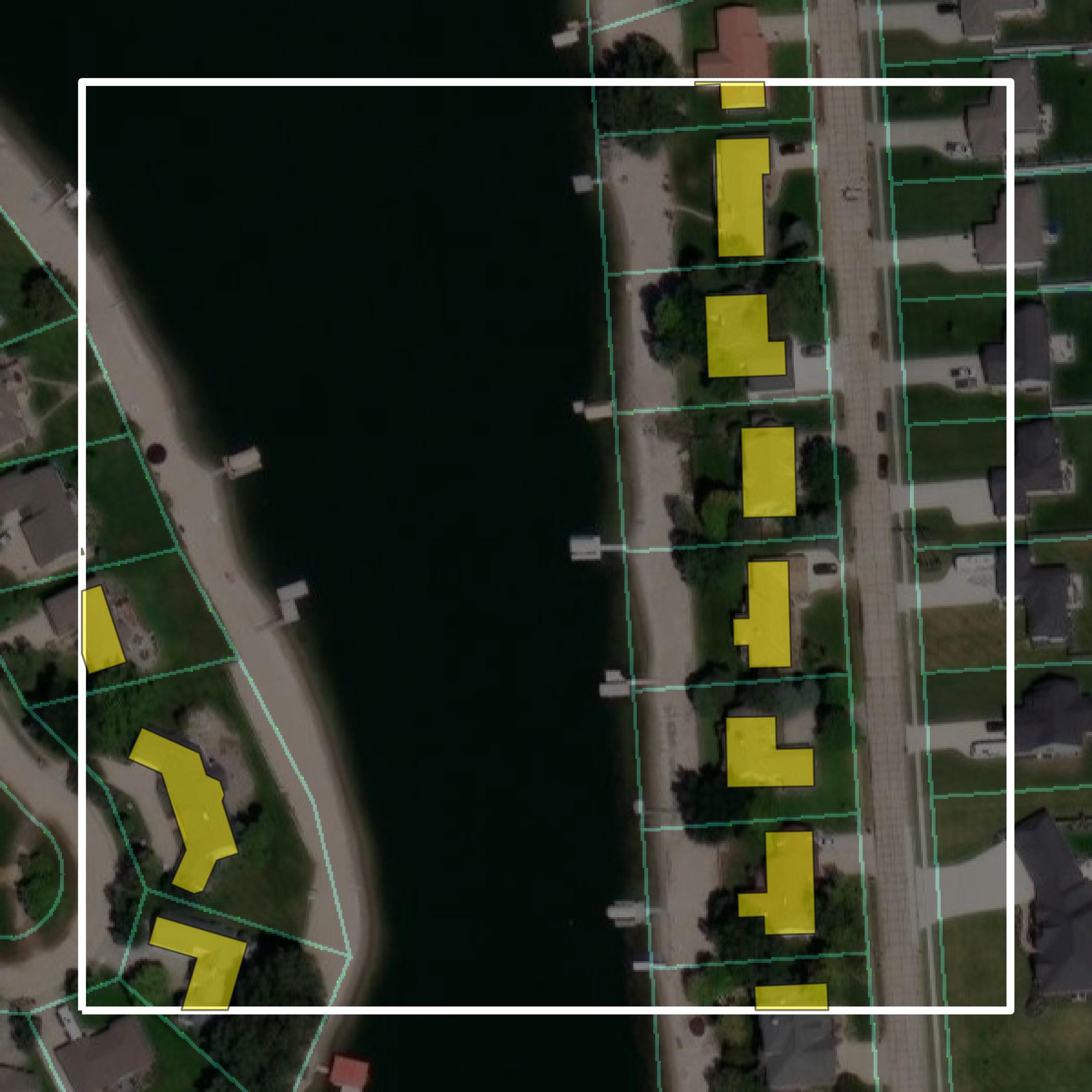 This image shows parcel and building data in Platte County created using GIS data in Equator.