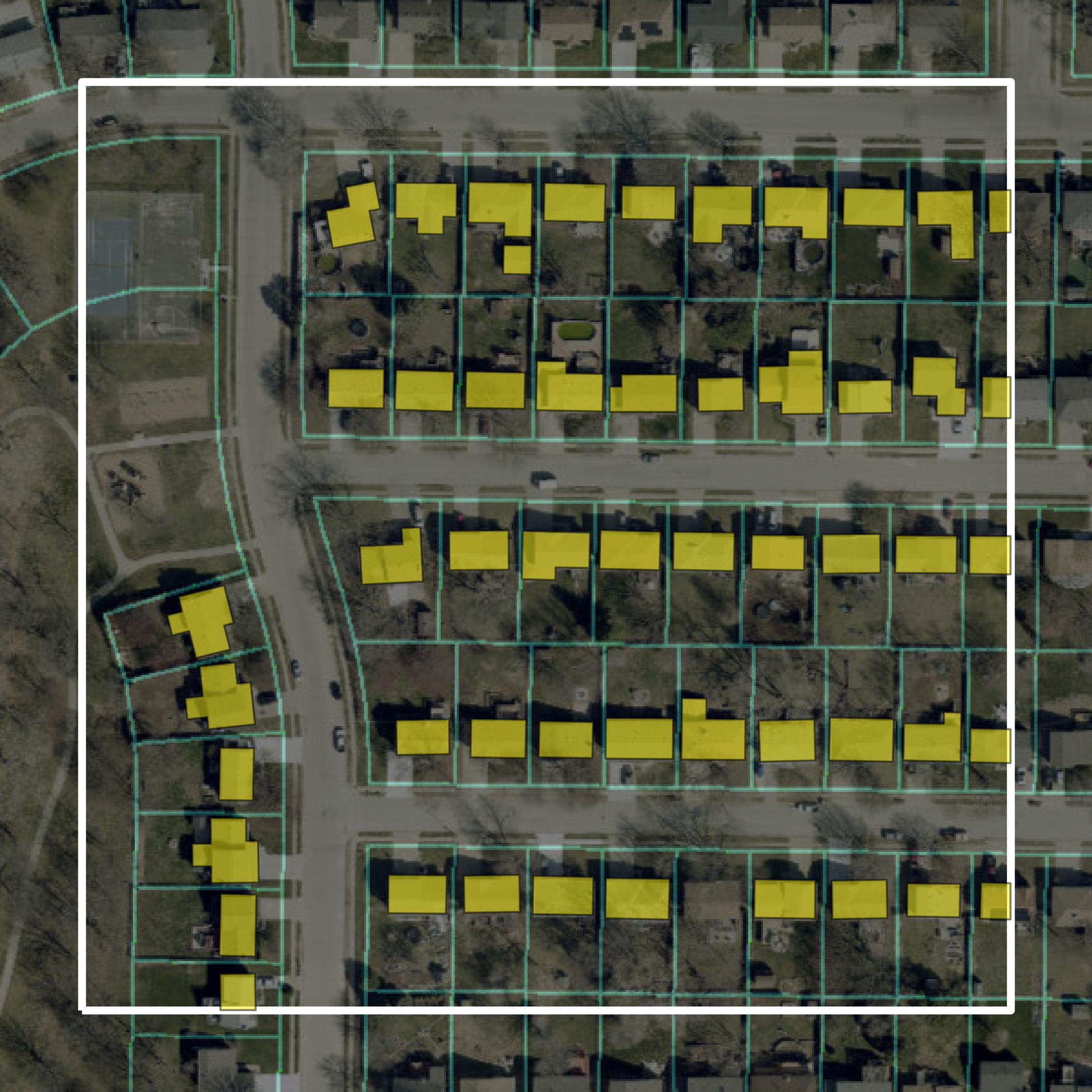 This image shows parcel and building data in Sarpy County created using GIS data in Equator.